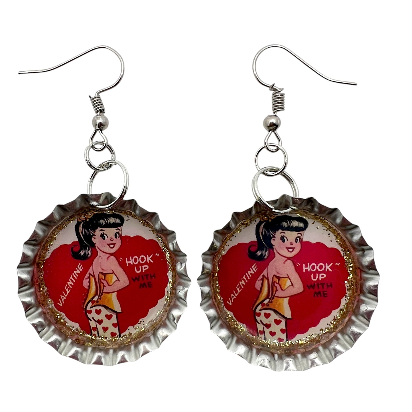 Vintage Valentine "Let’s Hook Up" Bottle Cap Earrings