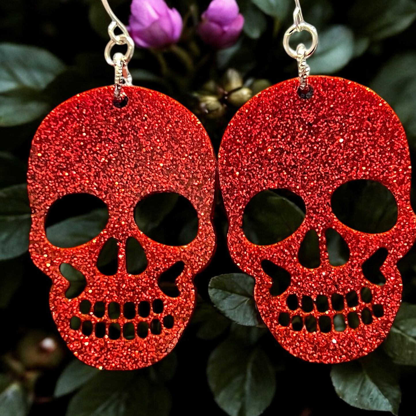 Large Red Glitter Resin Skull Earrings
