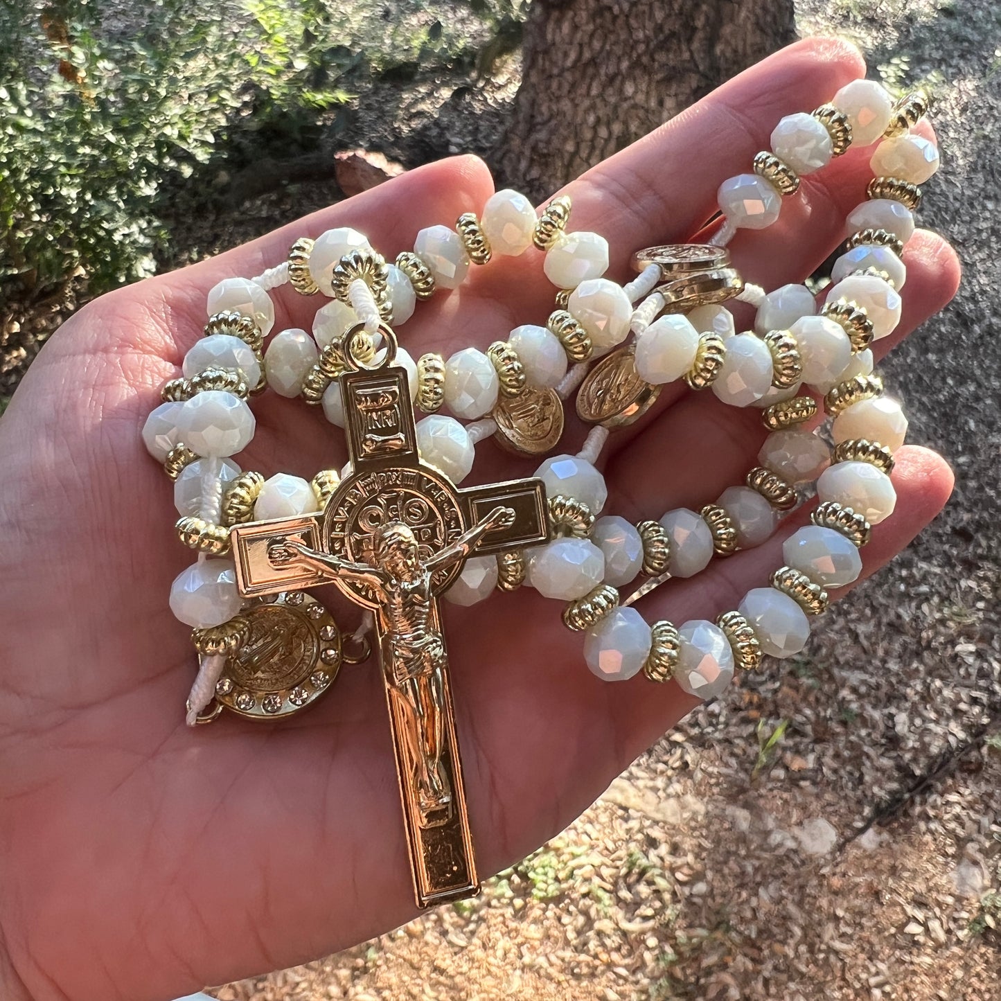 White Crystal Rosary 21” with Gold Crucifix & Catholic Medal