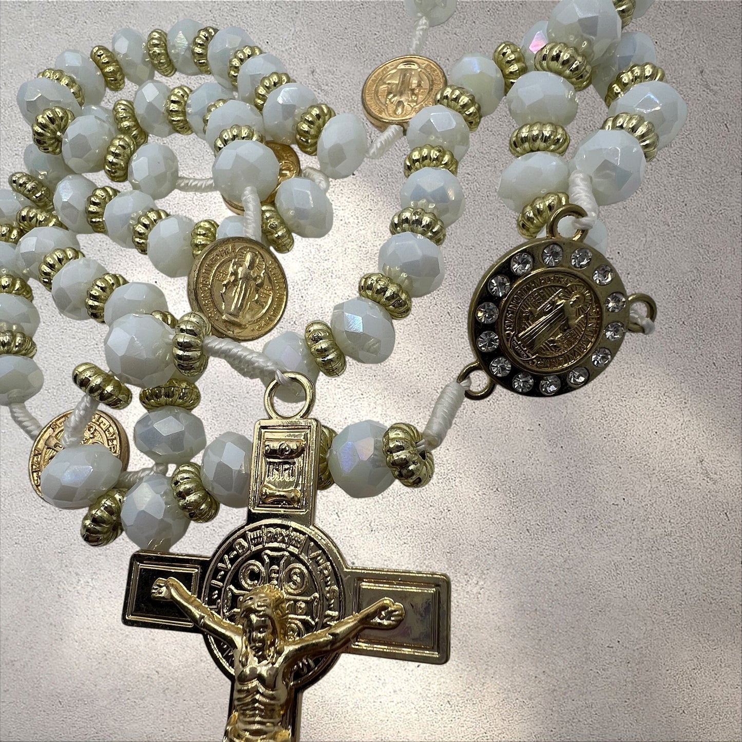 White Crystal Rosary 21” with Gold Crucifix & Catholic Medal