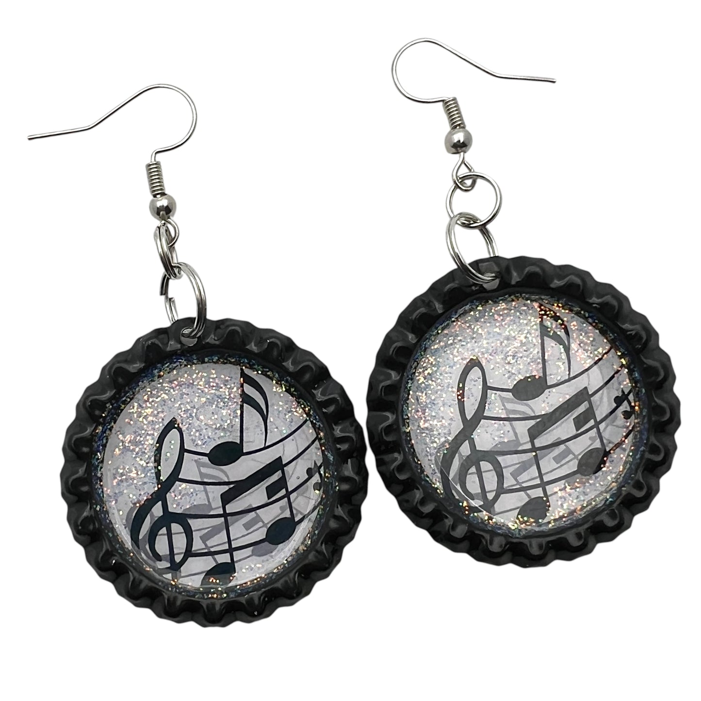 Music Note Bottle Cap Earrings โ Glitter Resin Dangle Jewelry for Musicians & Music Lovers