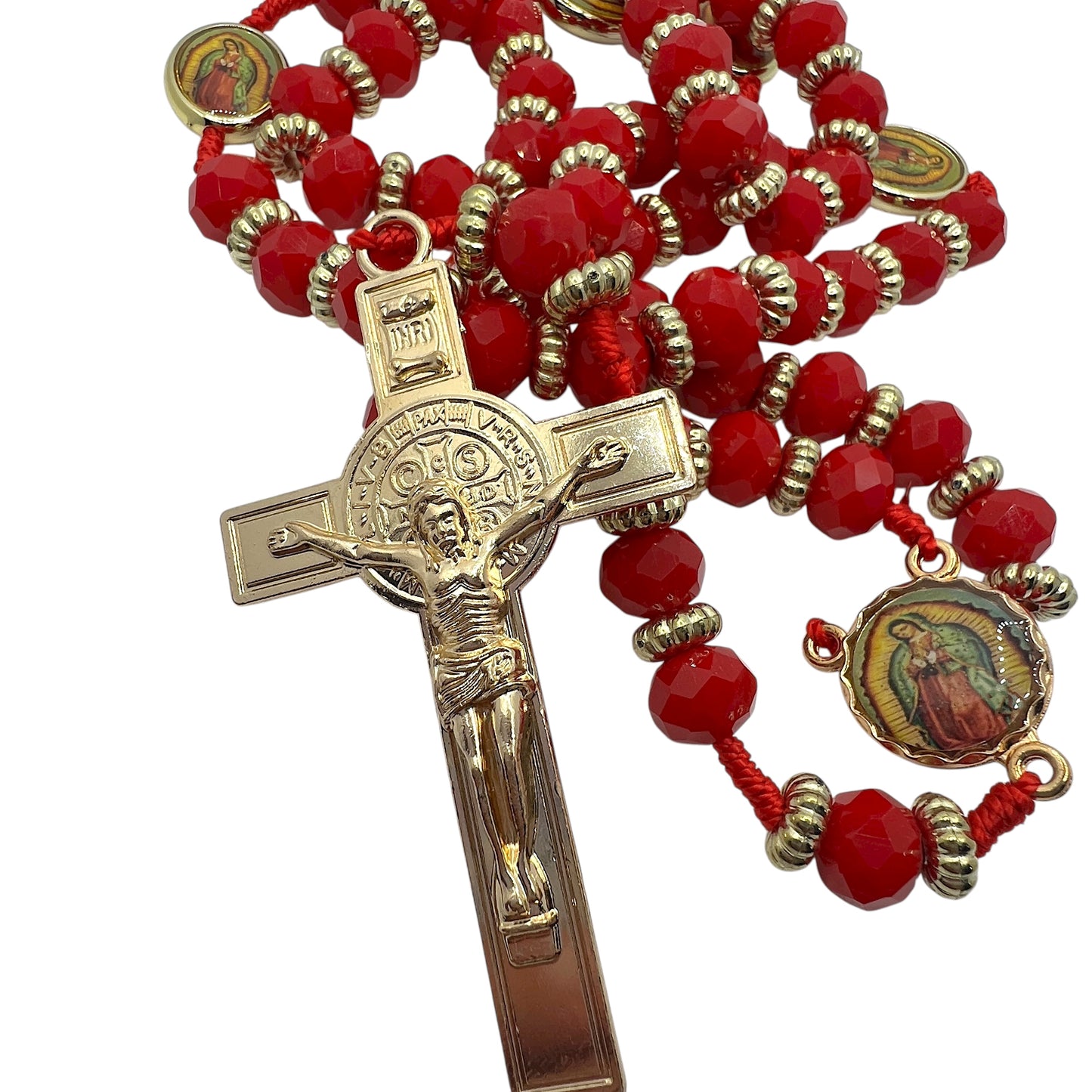 Red Crystal Rosary 21” with Our Lady of Guadalupe Medals & Gold Crucifix