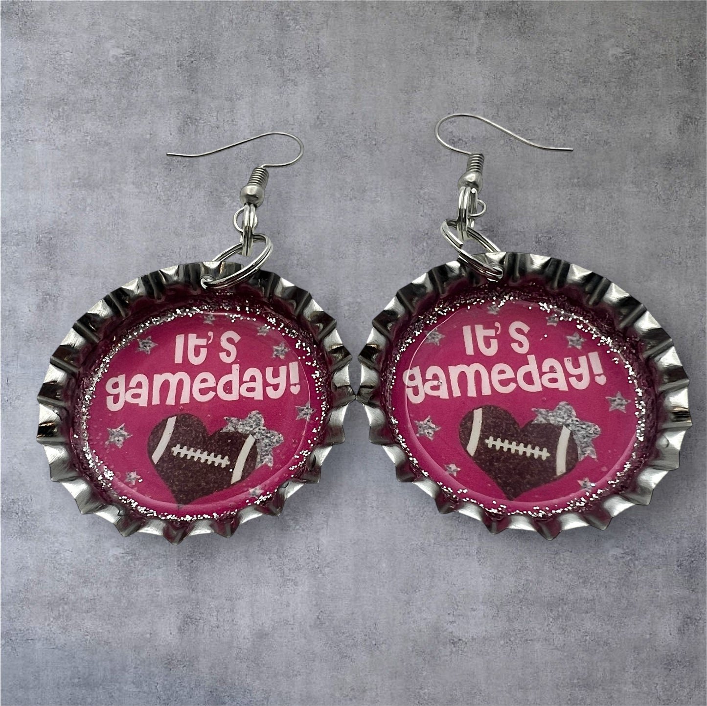 Pink Gameday Football Bottle Cap Earrings – Glitter Sports Fan Jewelry