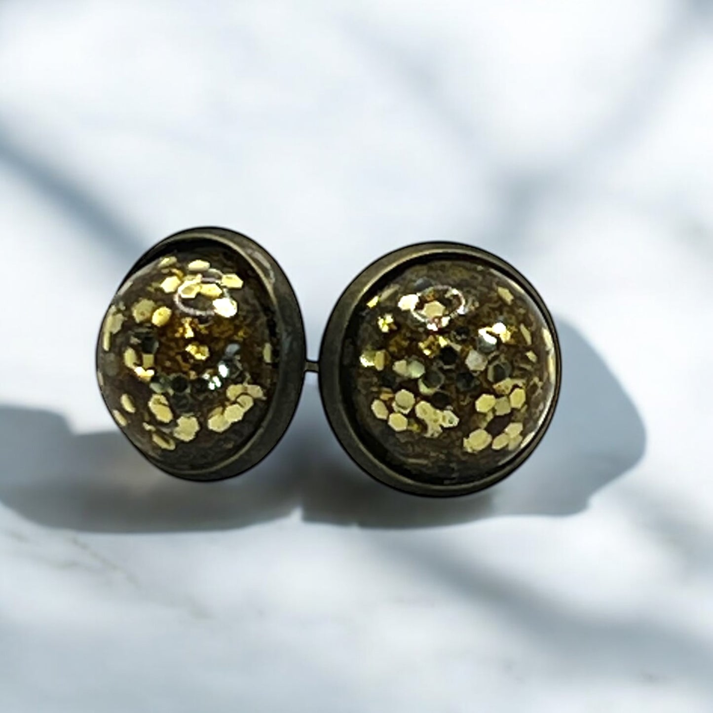 Gold Glitter Resin Stud Earrings – 12mm Sparkly Dome, Hypoallergenic, Handmade