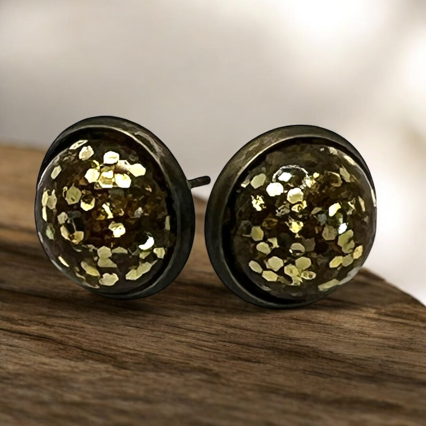 Gold Glitter Resin Stud Earrings – 12mm Sparkly Dome, Hypoallergenic, Handmade