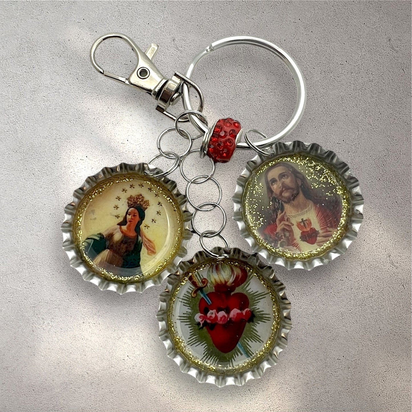 Upcycled Religious Crown Bottle Cap Keychain – Sacred Heart, Virgin Mary & Immaculate Heart