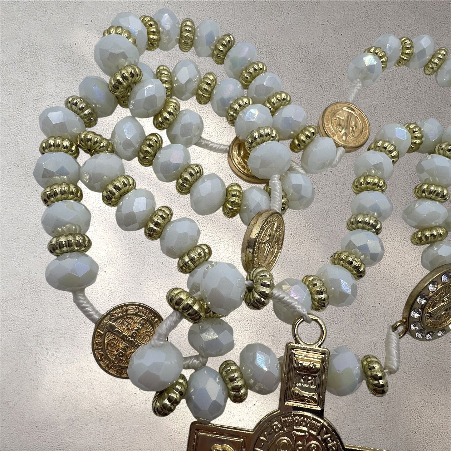 White Crystal Rosary 21” with Gold Crucifix & Catholic Medal