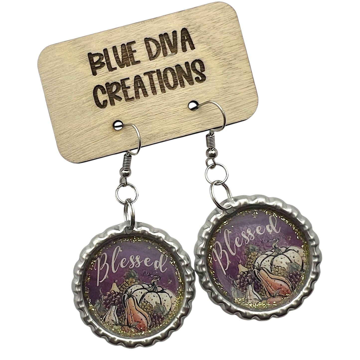 Purple Fall Harvest “Blessed” Bottle Cap Earrings