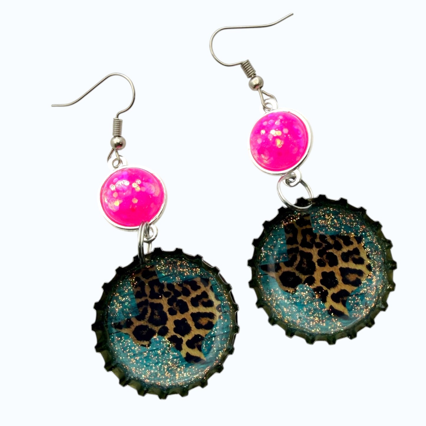 Texas Leopard Print Upcycled Horse Themed Bottle cap Earrings