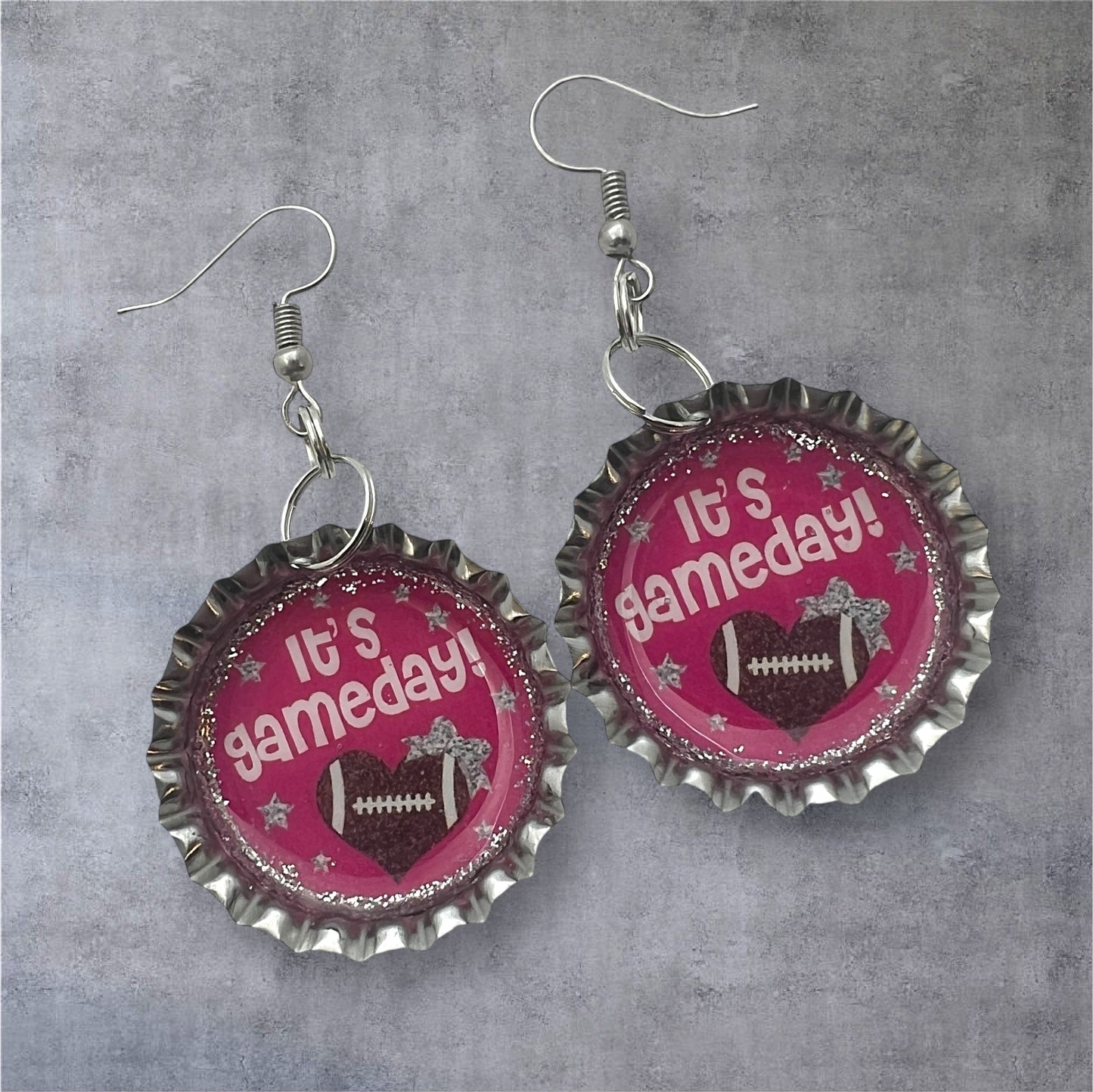Pink Gameday Football Bottle Cap Earrings – Glitter Sports Fan Jewelry