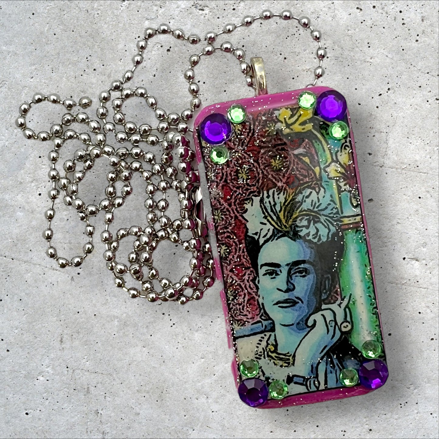 Frida Kahlo with Cigarette Upcycled Domino Pendant Necklace
