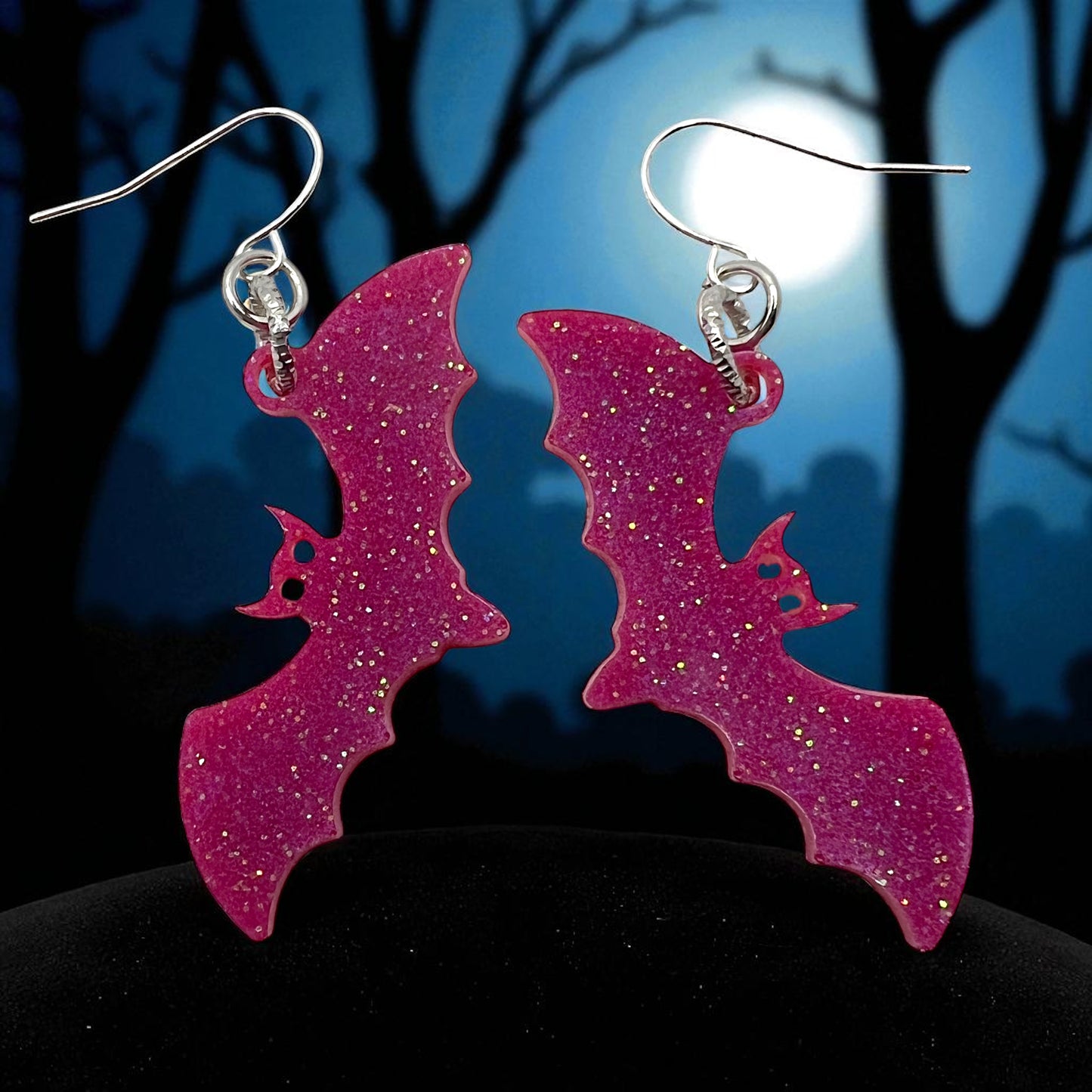 Pink Glitter Bat Earrings