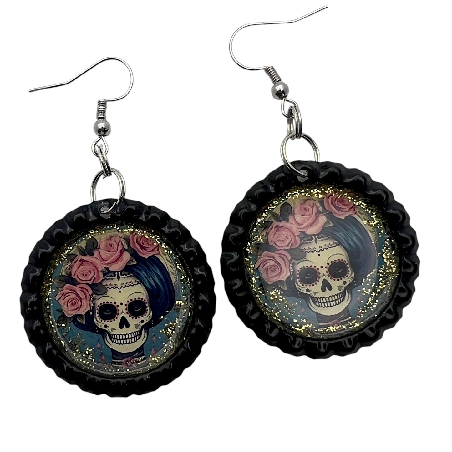Sugar Skull Bottle Cap Earrings – Pink Rose Glitter Dangle | Día de los Muertos Jewelry
