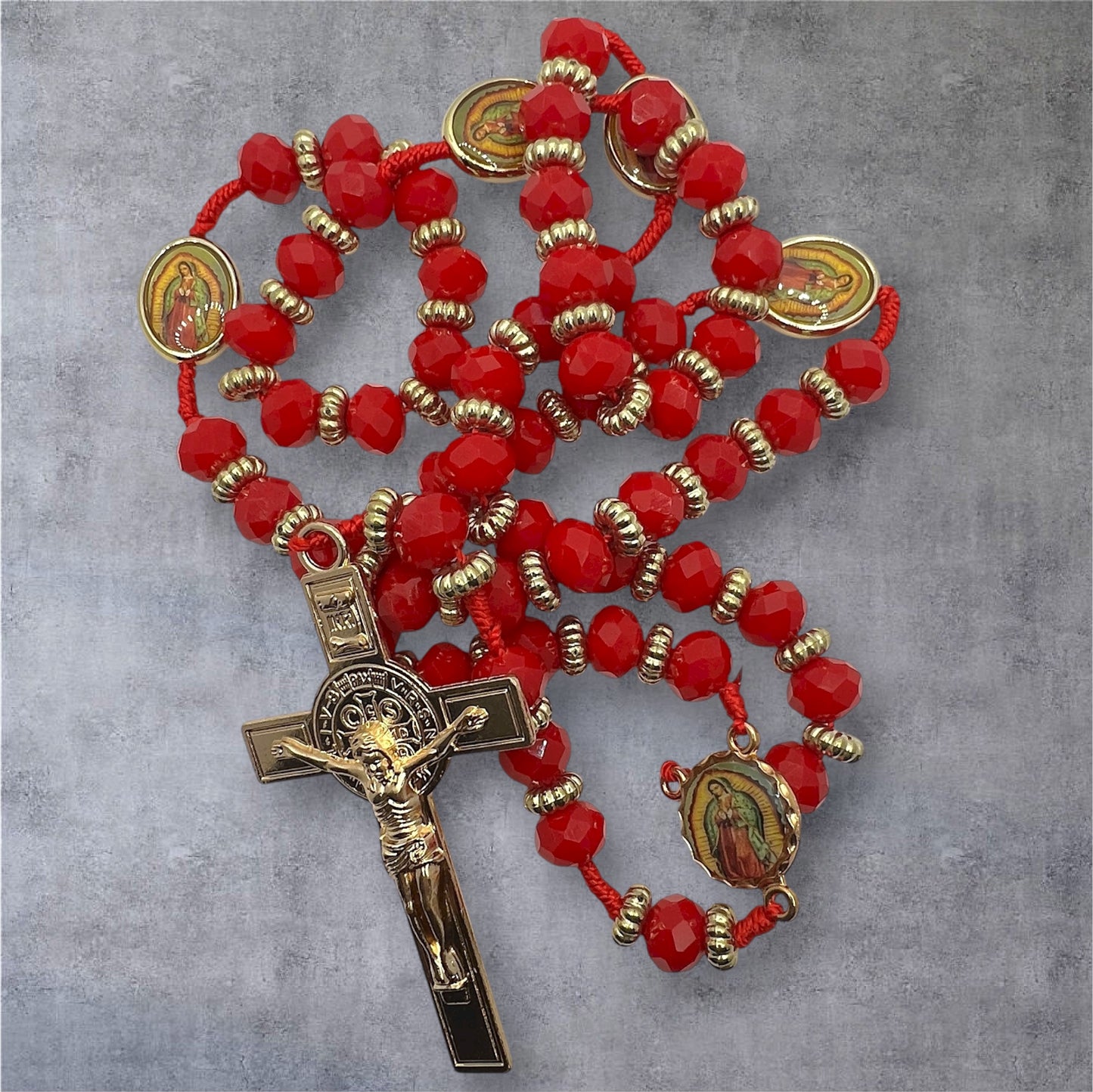 Red Crystal Rosary 21” with Our Lady of Guadalupe Medals & Gold Crucifix