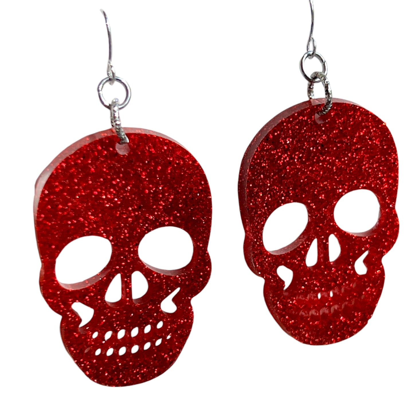 Large Red Glitter Resin Skull Earrings