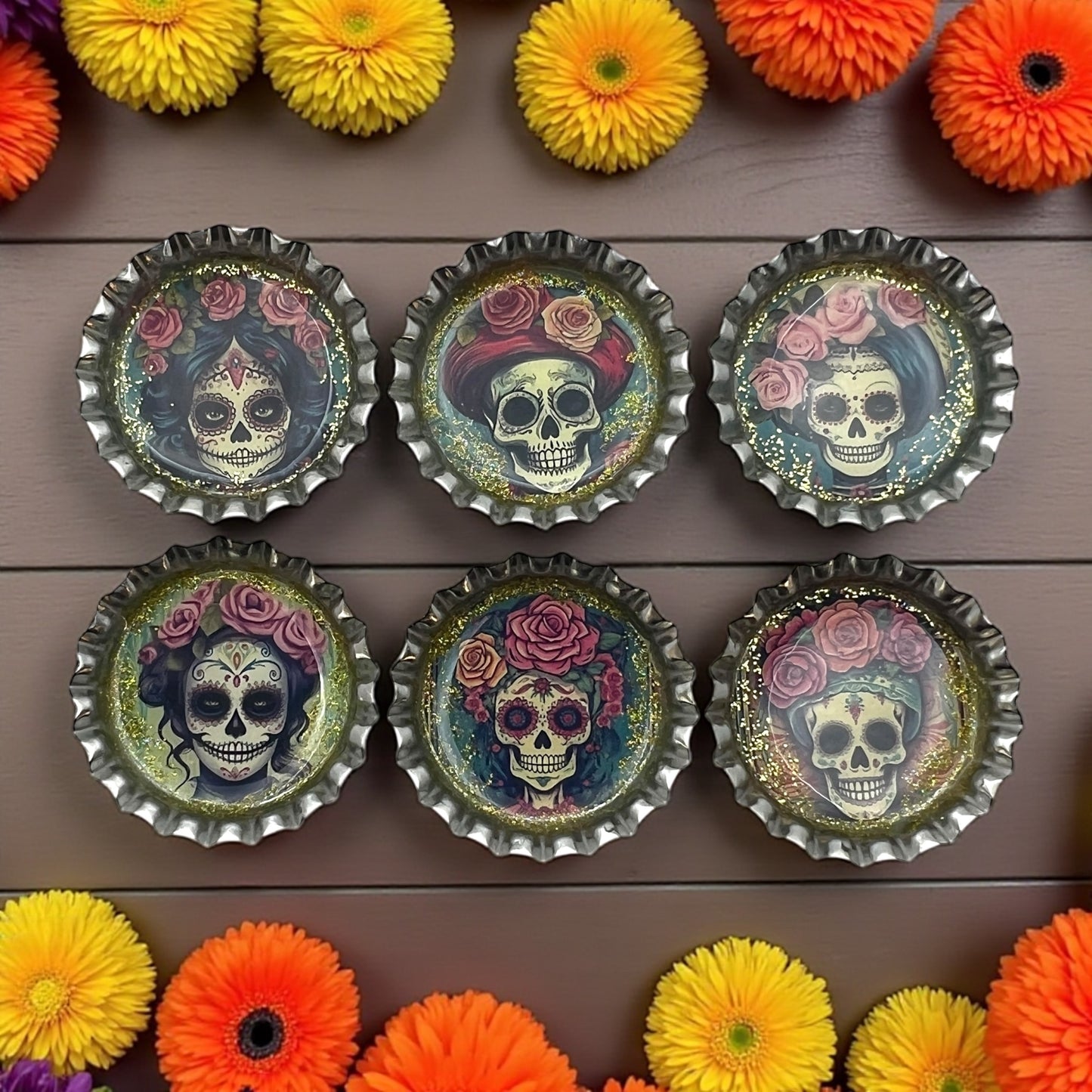 Day of the Dead Sugar Skull Bottle Cap Magnets – Set of 6 Glitter Resin Calavera Designs