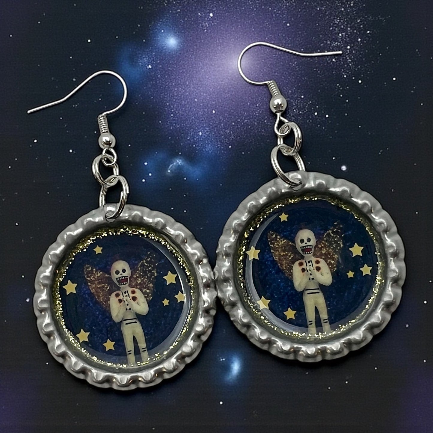 Skeleton Angel Starry Night Bottle Cap Earrings – Día de los Muertos Celestial Jewelry
