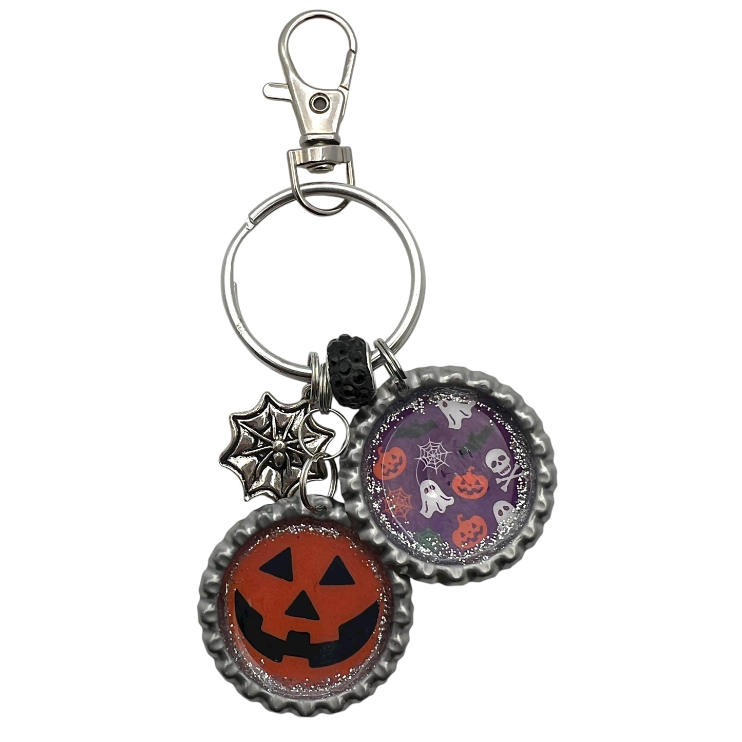 Halloween Bottle Cap Keychain – Jack O’Lantern Pumpkin, Ghosts, Skulls & Spider Web Charms