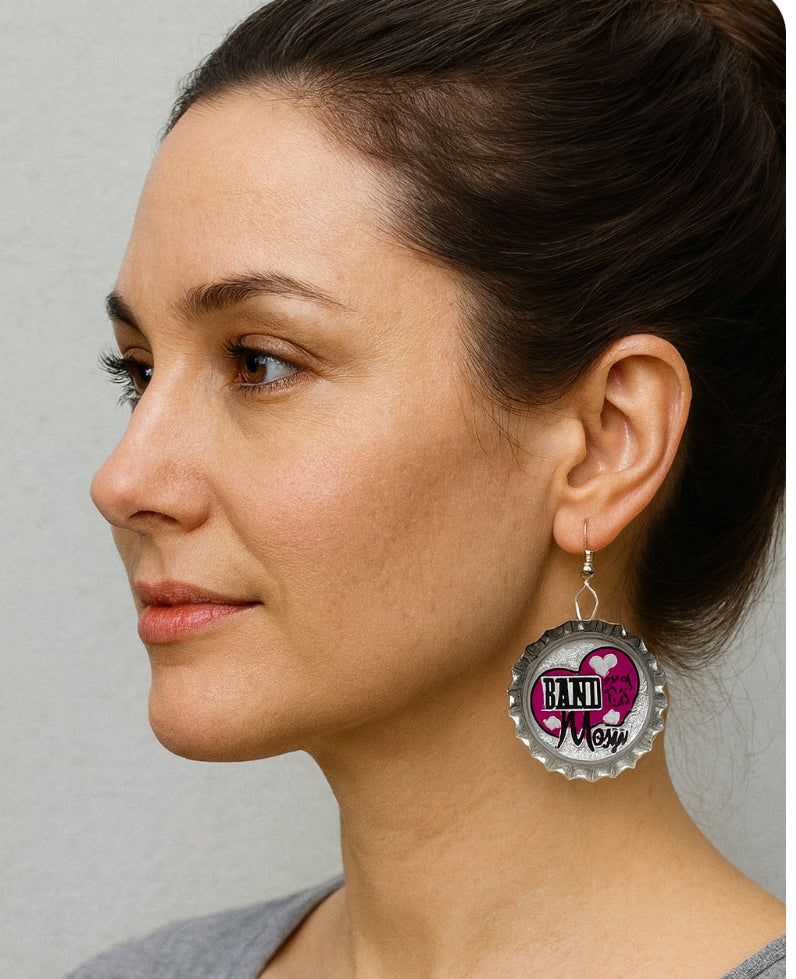 Pink Band Mom Bottle Cap Earrings – Glitter Heart Music Note Dangle Jewelry