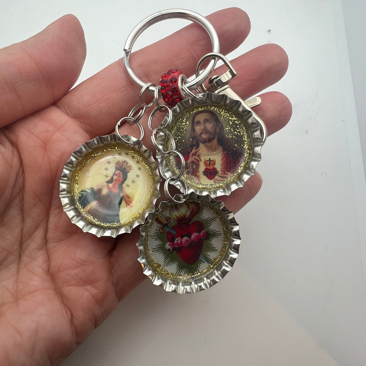 Upcycled Religious Crown Bottle Cap Keychain – Sacred Heart, Virgin Mary & Immaculate Heart
