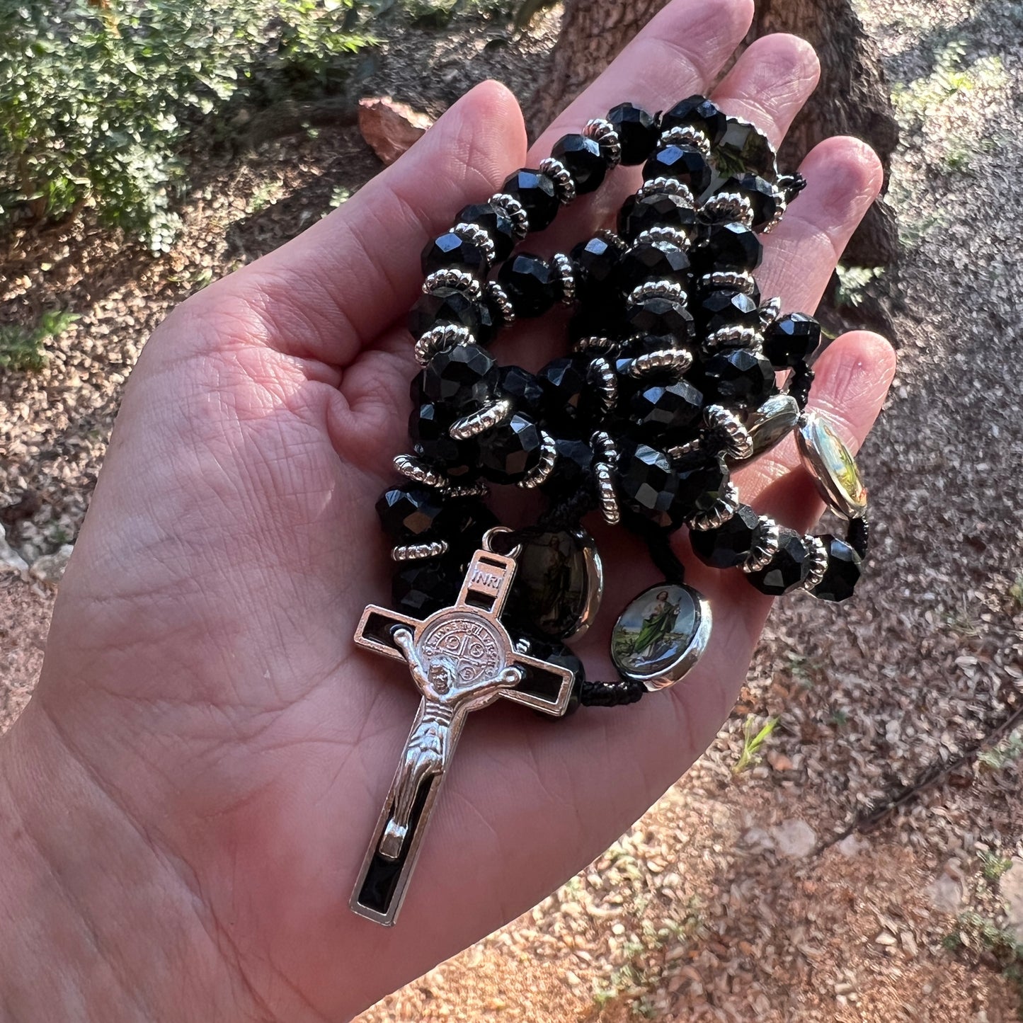 St. Jude Rosary – 19” Black Faceted Beads with Silver Crucifix