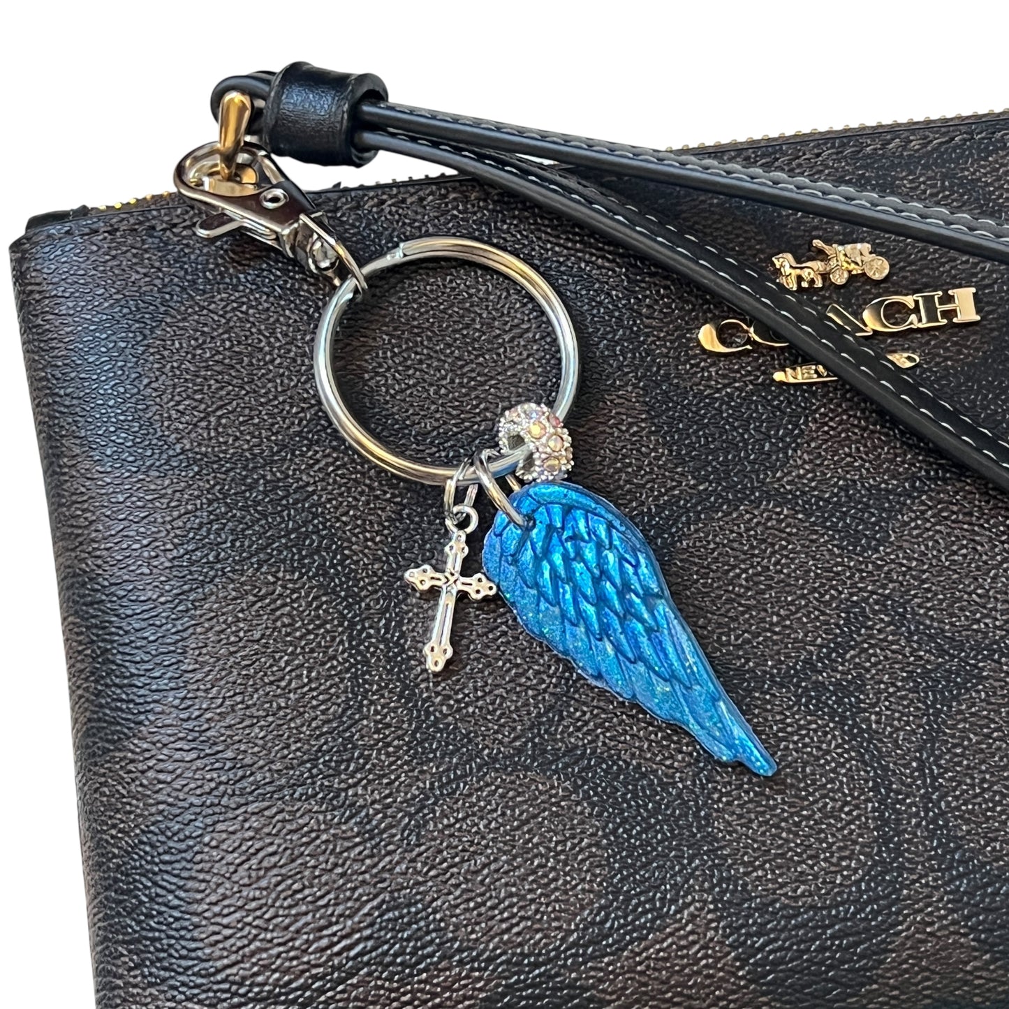 Blue Resin Angel Wing Keychain with Cross Charm and Rhinestone Bead