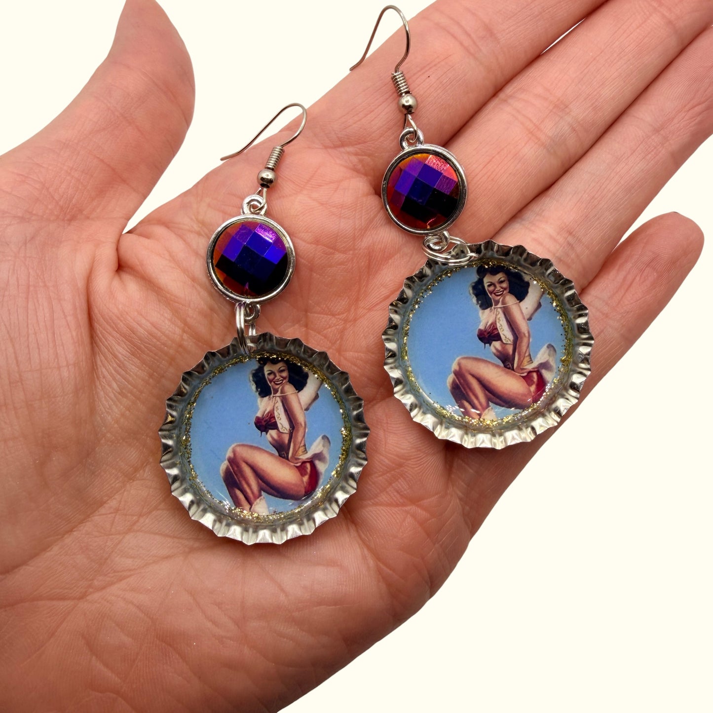 Cowgirl Pinup Bottle Cap Earrings