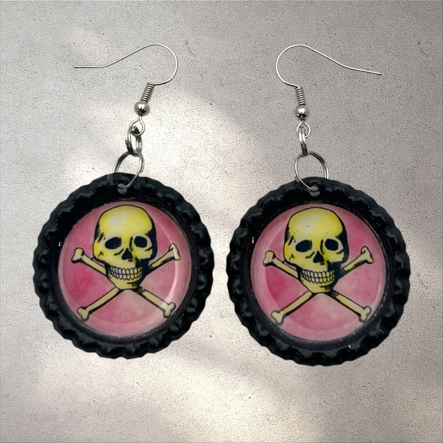 Calavera Lotería Bottle Cap Earrings – Pink Background, Upcycled Mexican Game Jewelry, Spooky Punk Goth Dangle Earrings