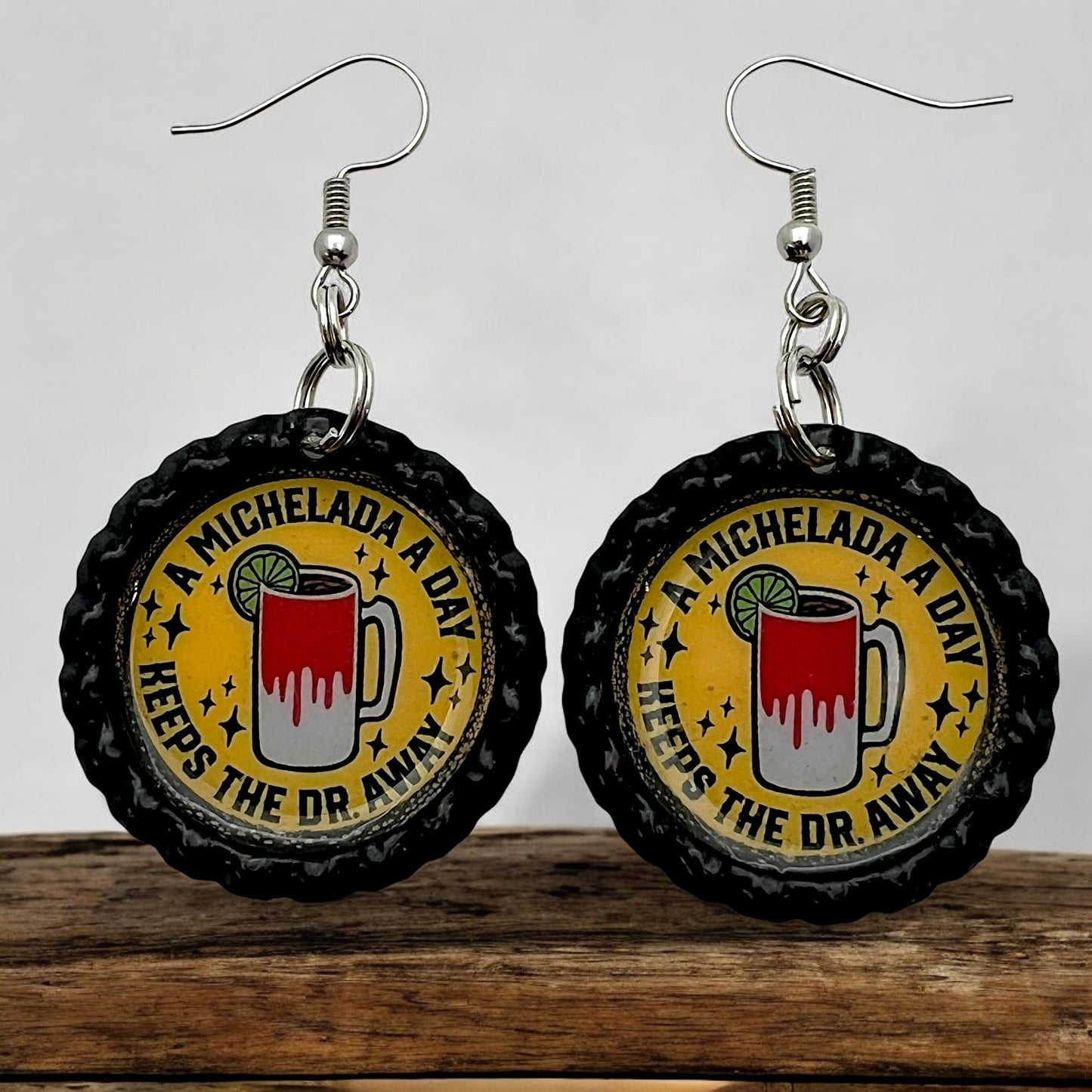 Michelada Bottle Cap Earrings – “A Michelada a Day Keeps the Dr. Away” – Funny Beer Cocktail Jewelry, Upcycled Statement Earrings