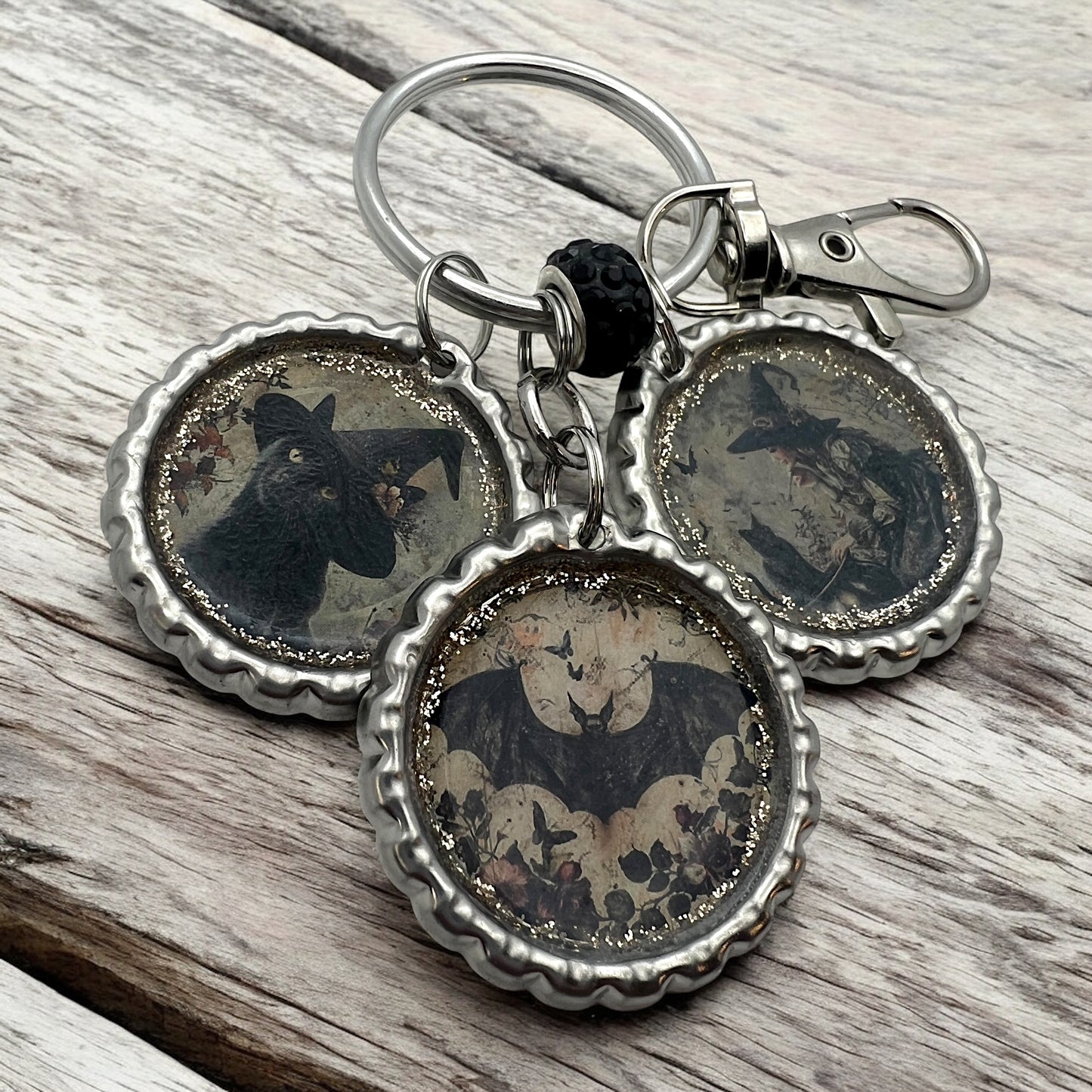 Halloween Bottle Cap Keychain – Black Cat Witch, Bat & Vintage Witch