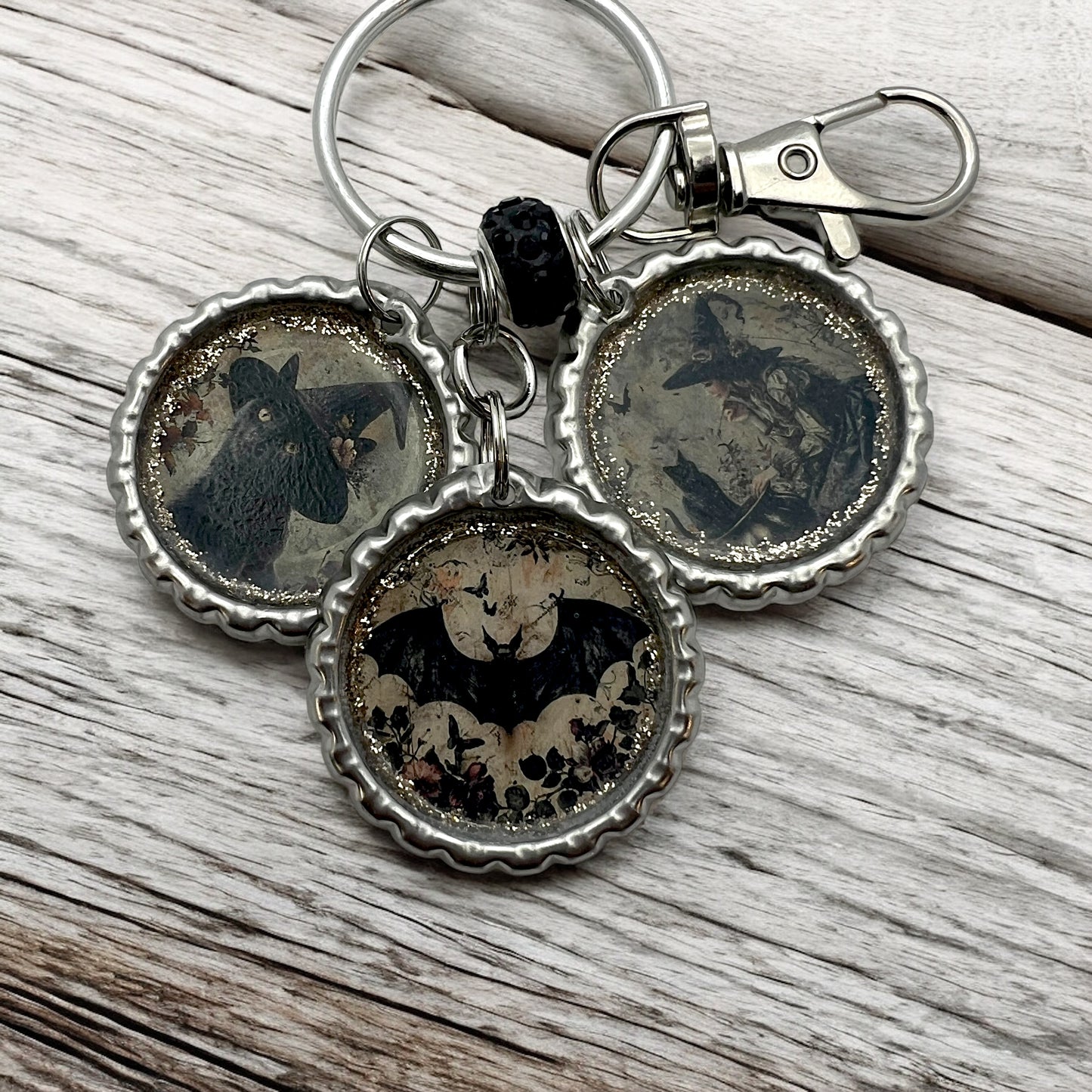 Halloween Bottle Cap Keychain – Black Cat Witch, Bat & Vintage Witch