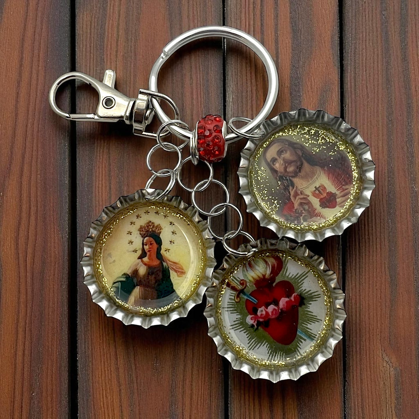Upcycled Religious Crown Bottle Cap Keychain – Sacred Heart, Virgin Mary & Immaculate Heart