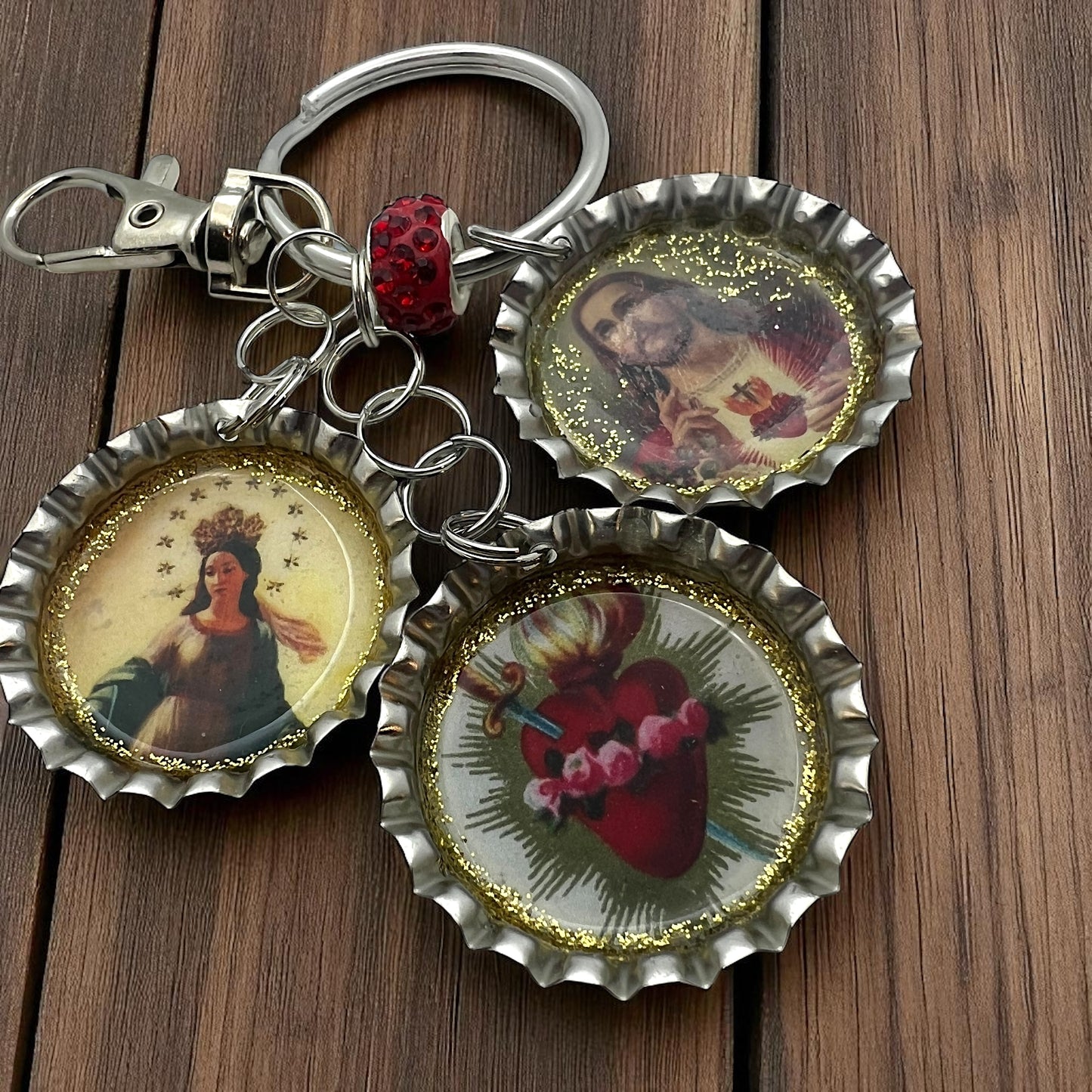 Upcycled Religious Crown Bottle Cap Keychain – Sacred Heart, Virgin Mary & Immaculate Heart