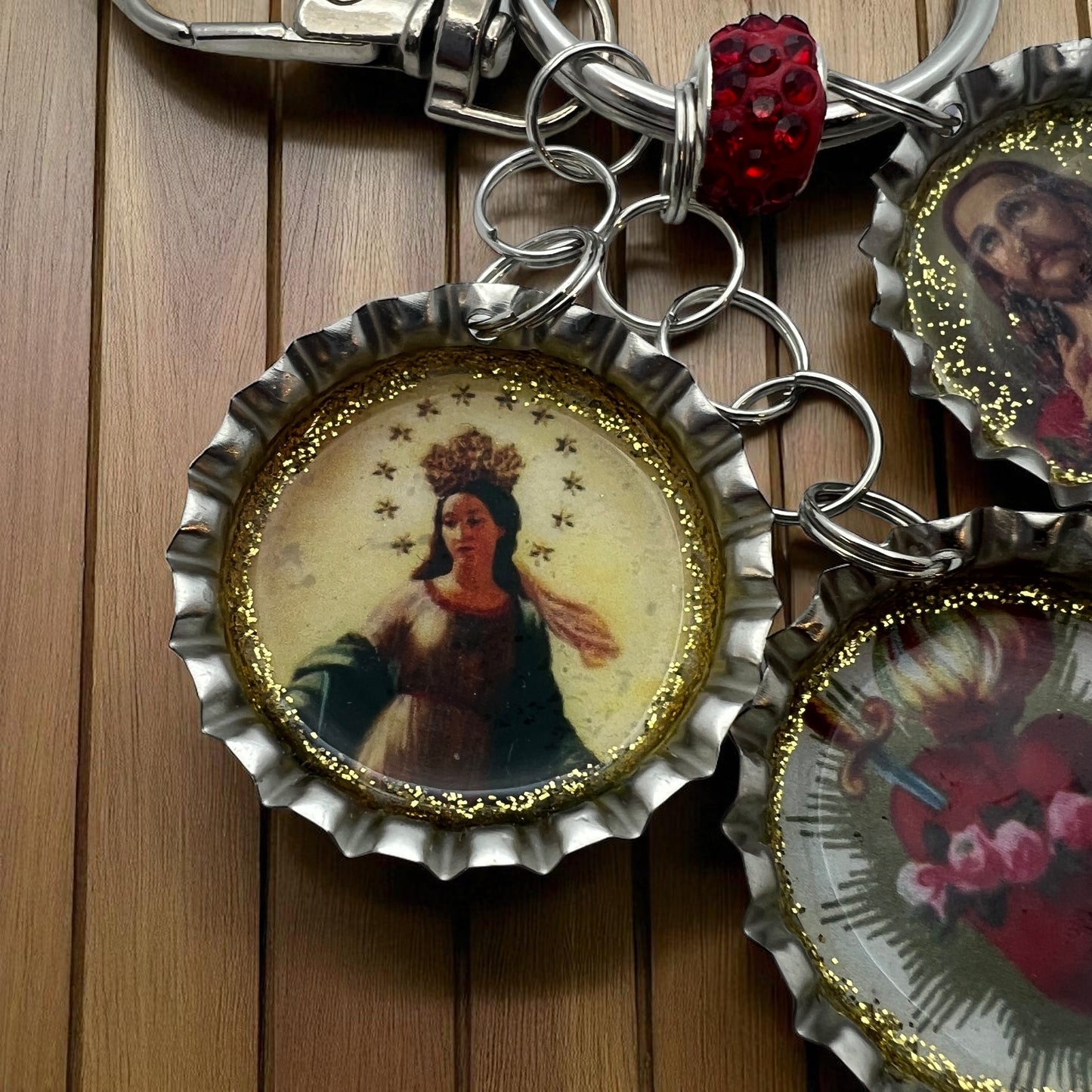 Upcycled Religious Crown Bottle Cap Keychain – Sacred Heart, Virgin Mary & Immaculate Heart