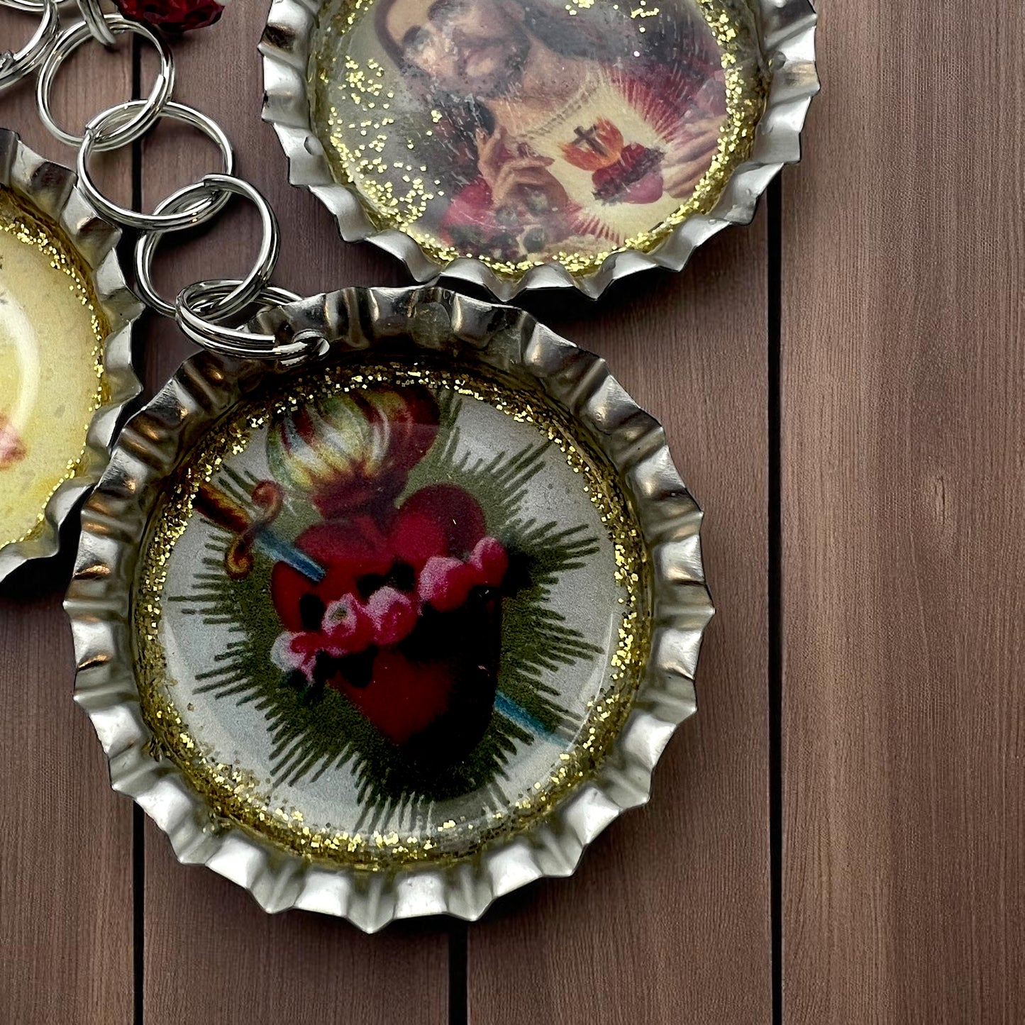 Upcycled Religious Crown Bottle Cap Keychain – Sacred Heart, Virgin Mary & Immaculate Heart