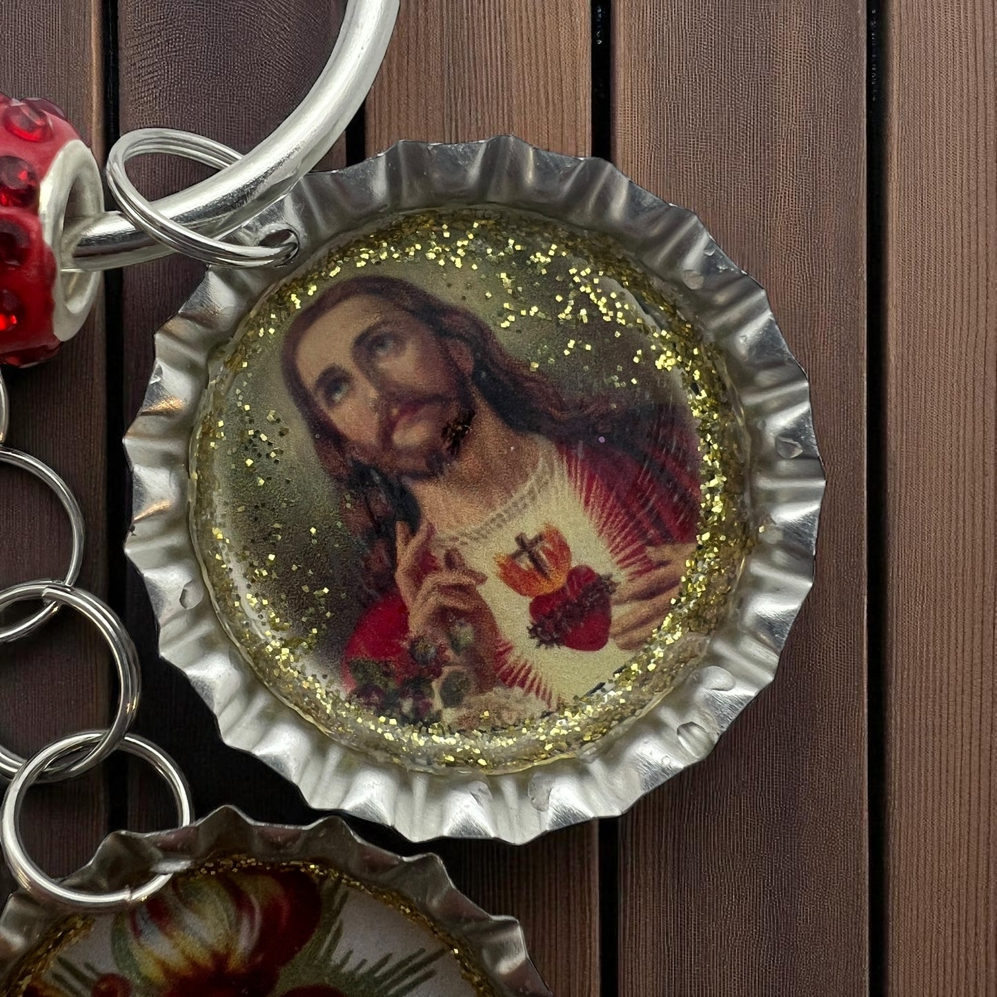Upcycled Religious Crown Bottle Cap Keychain – Sacred Heart, Virgin Mary & Immaculate Heart