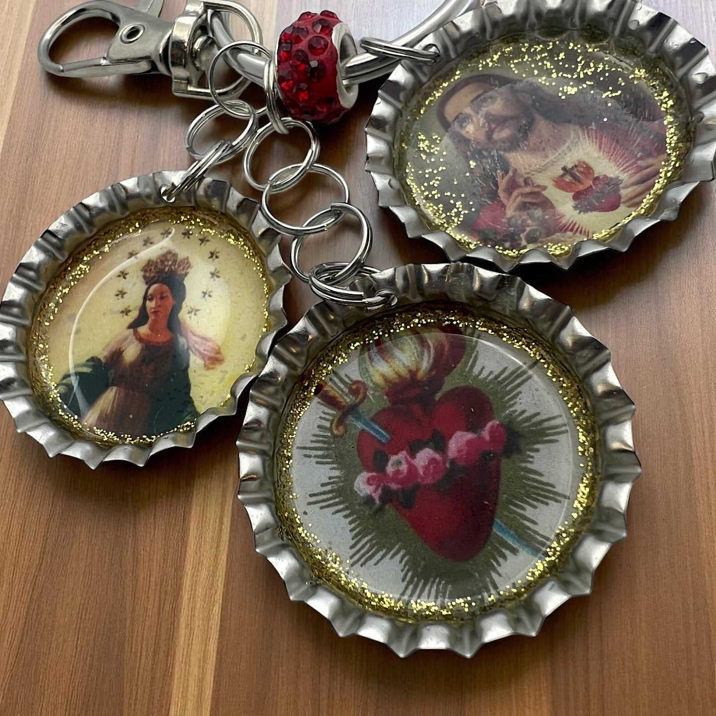 Upcycled Religious Crown Bottle Cap Keychain – Sacred Heart, Virgin Mary & Immaculate Heart