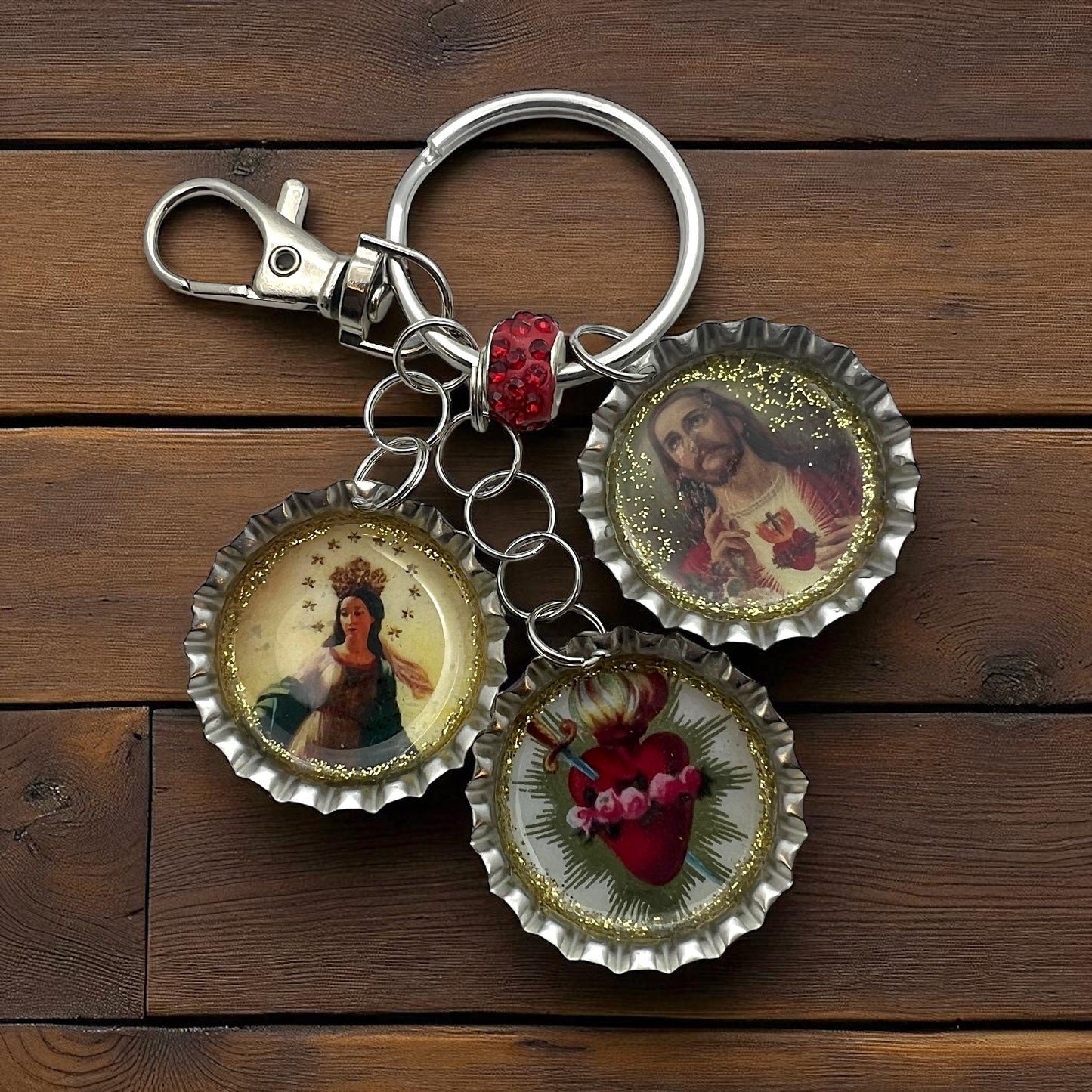 Upcycled Religious Crown Bottle Cap Keychain – Sacred Heart, Virgin Mary & Immaculate Heart