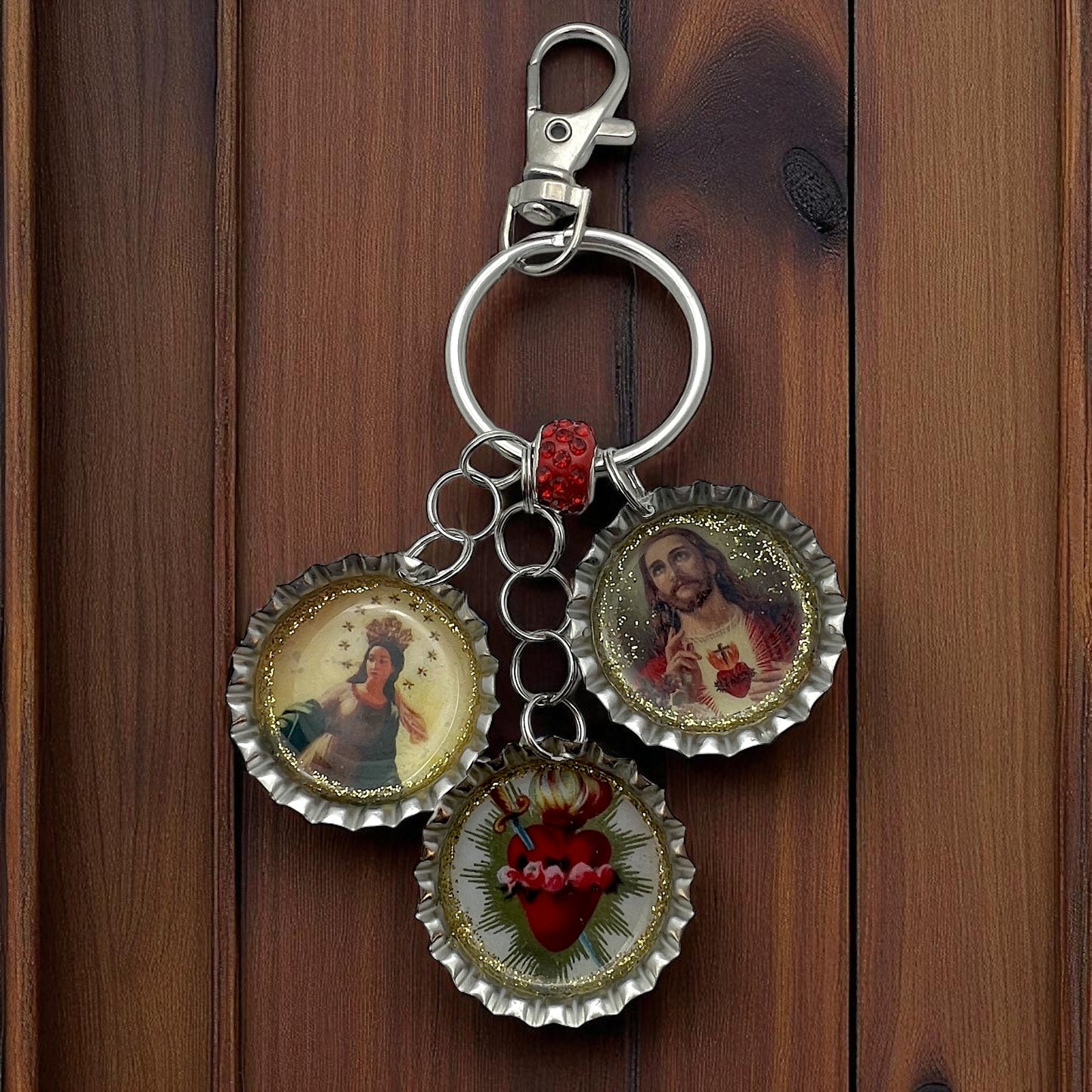 Upcycled Religious Crown Bottle Cap Keychain – Sacred Heart, Virgin Mary & Immaculate Heart