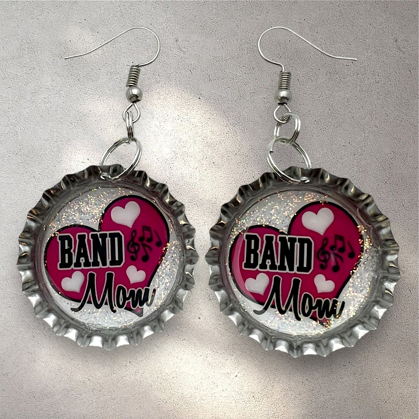 Pink Band Mom Bottle Cap Earrings – Glitter Heart Music Note Dangle Jewelry