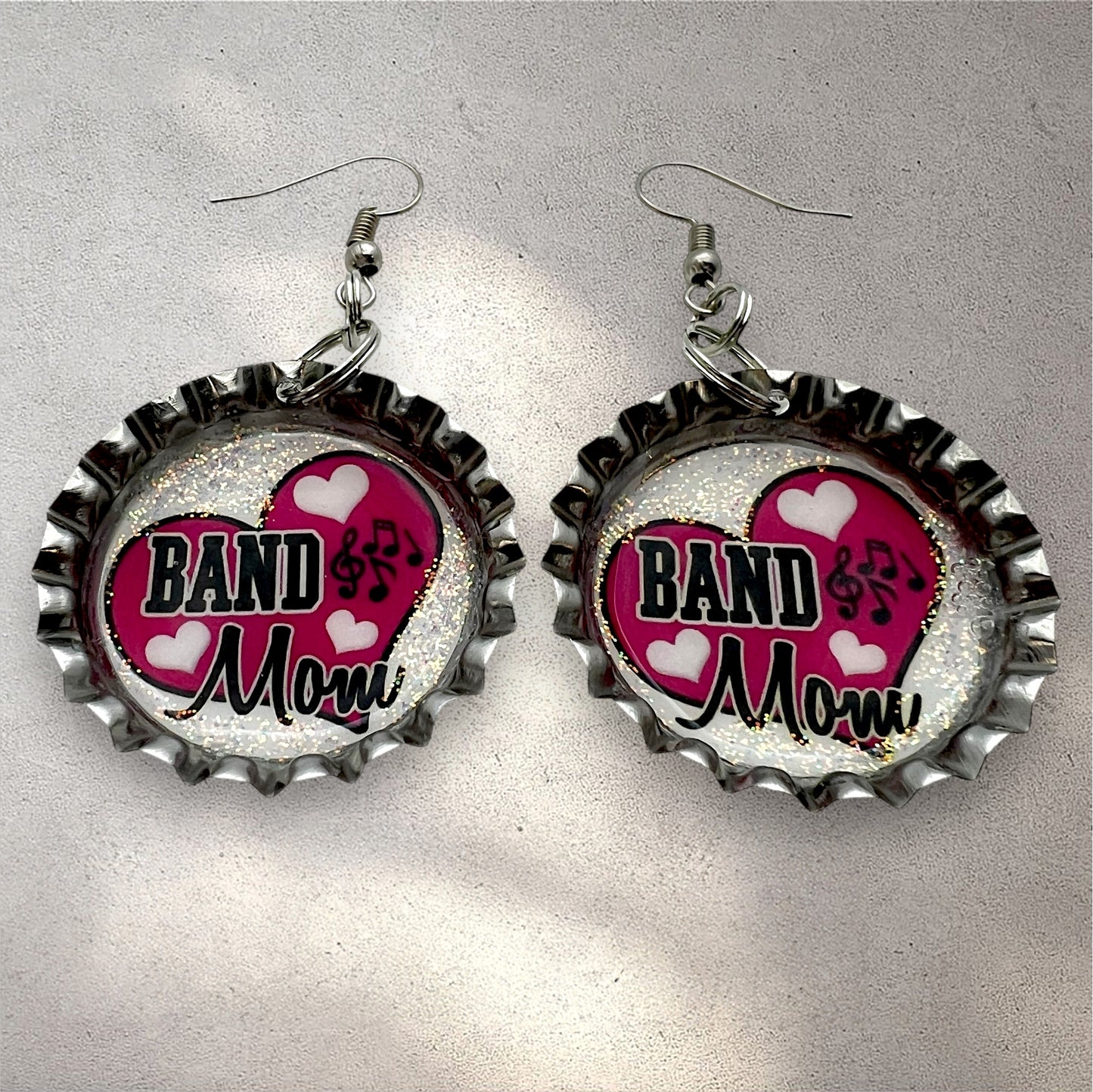 Pink Band Mom Bottle Cap Earrings – Glitter Heart Music Note Dangle Jewelry