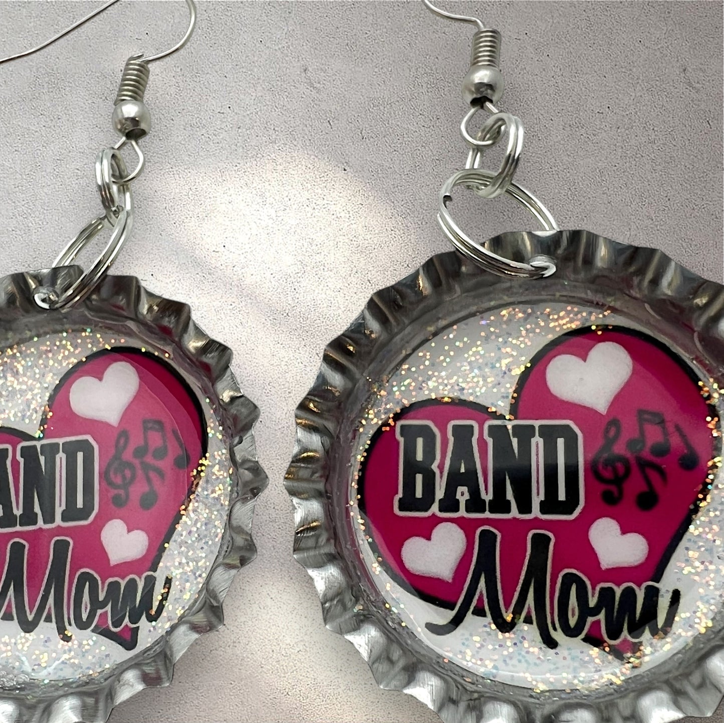Pink Band Mom Bottle Cap Earrings – Glitter Heart Music Note Dangle Jewelry
