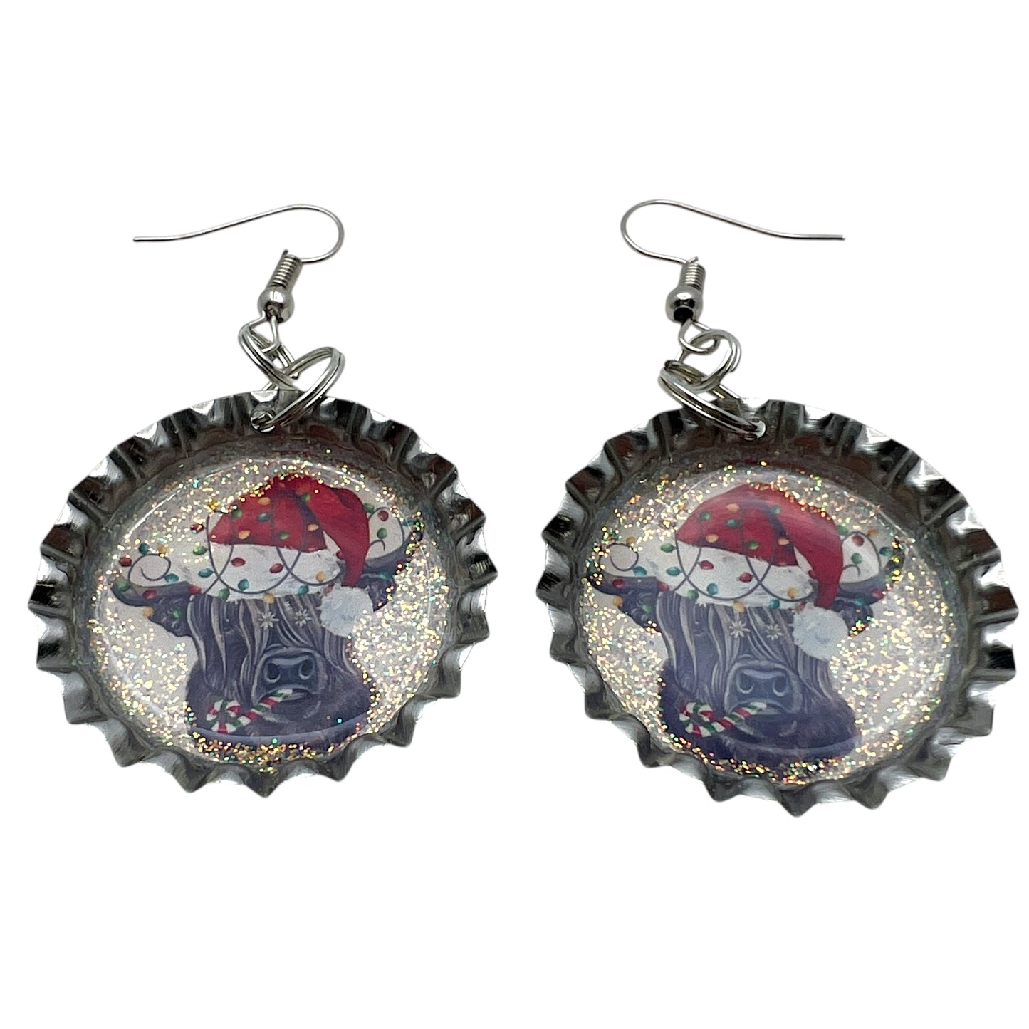 Christmas Highland Cow Bottle Cap Earrings