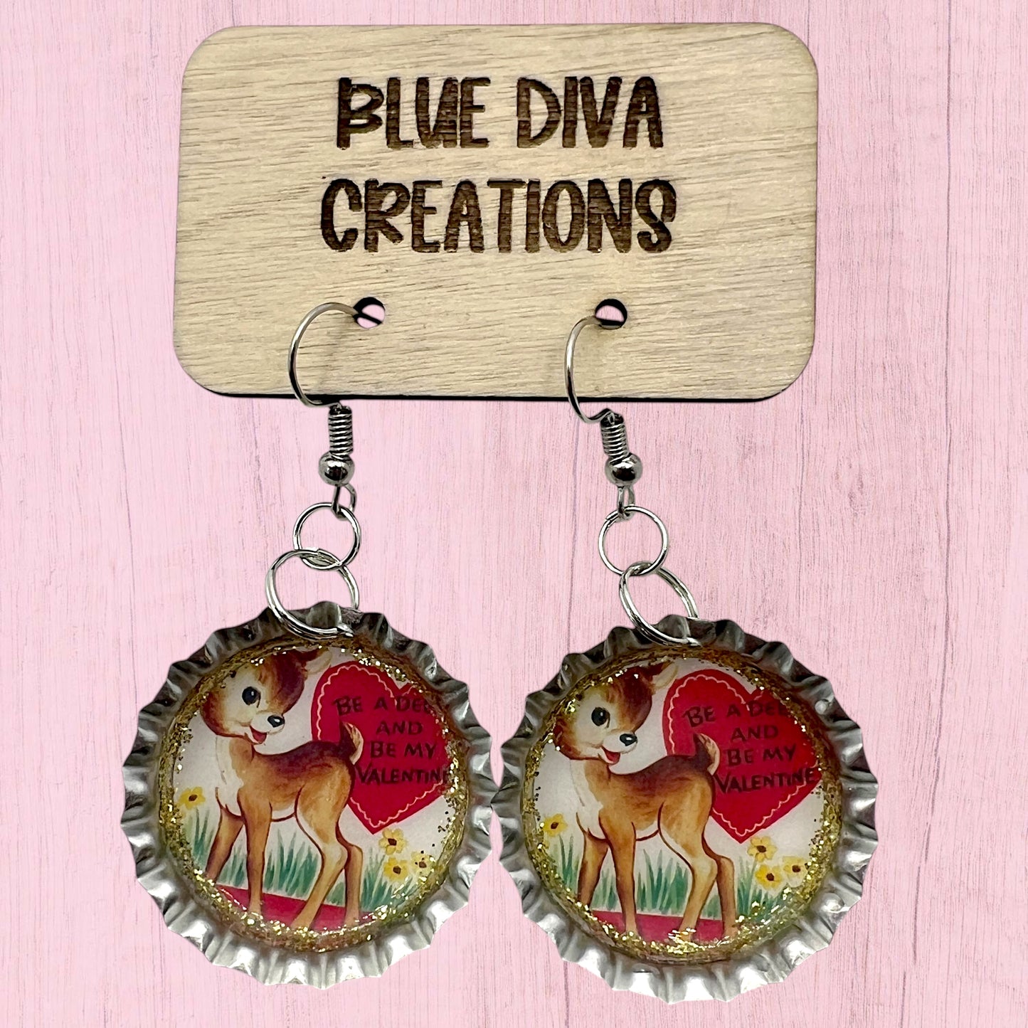 Vintage Valentine Deer Bottle Cap Earrings