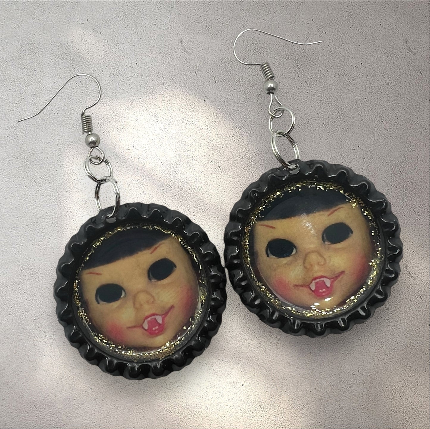 Creepy Doll Face Earrings – Handmade Spooky Bottle Cap Jewelry