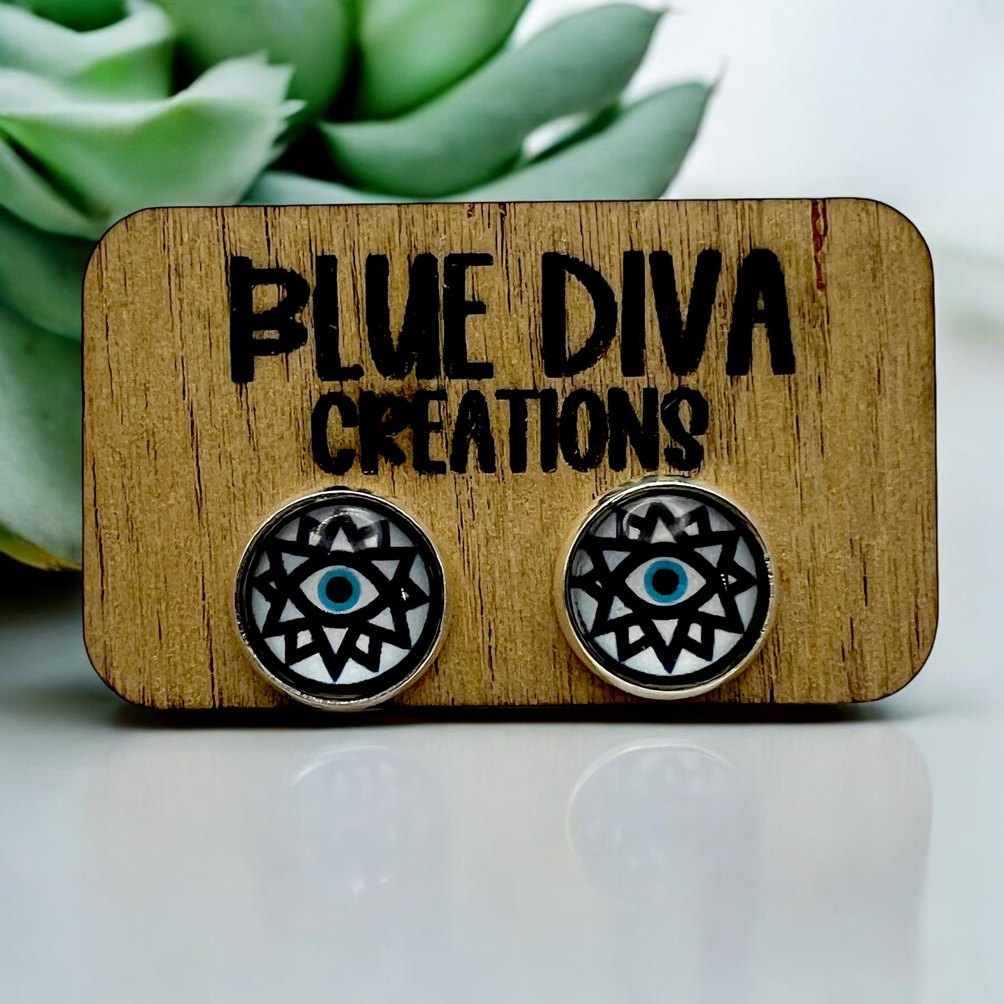 12mm Geometric Evil Eye Stud Earrings - Glass Dome Protection Jewelry - Nickel Free Earrings - Boho Spiritual Gift - Minimalist Eye Studs