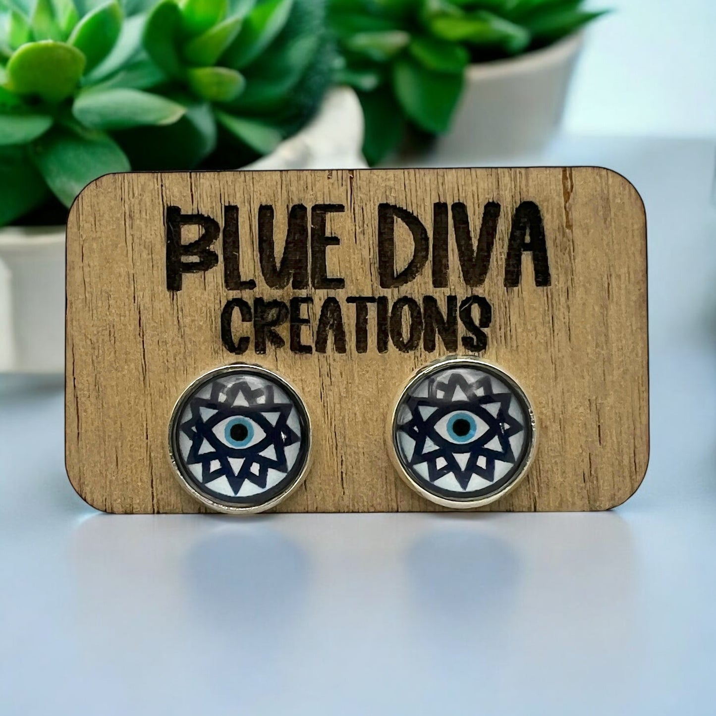 12mm Geometric Evil Eye Stud Earrings - Glass Dome Protection Jewelry - Nickel Free Earrings - Boho Spiritual Gift - Minimalist Eye Studs