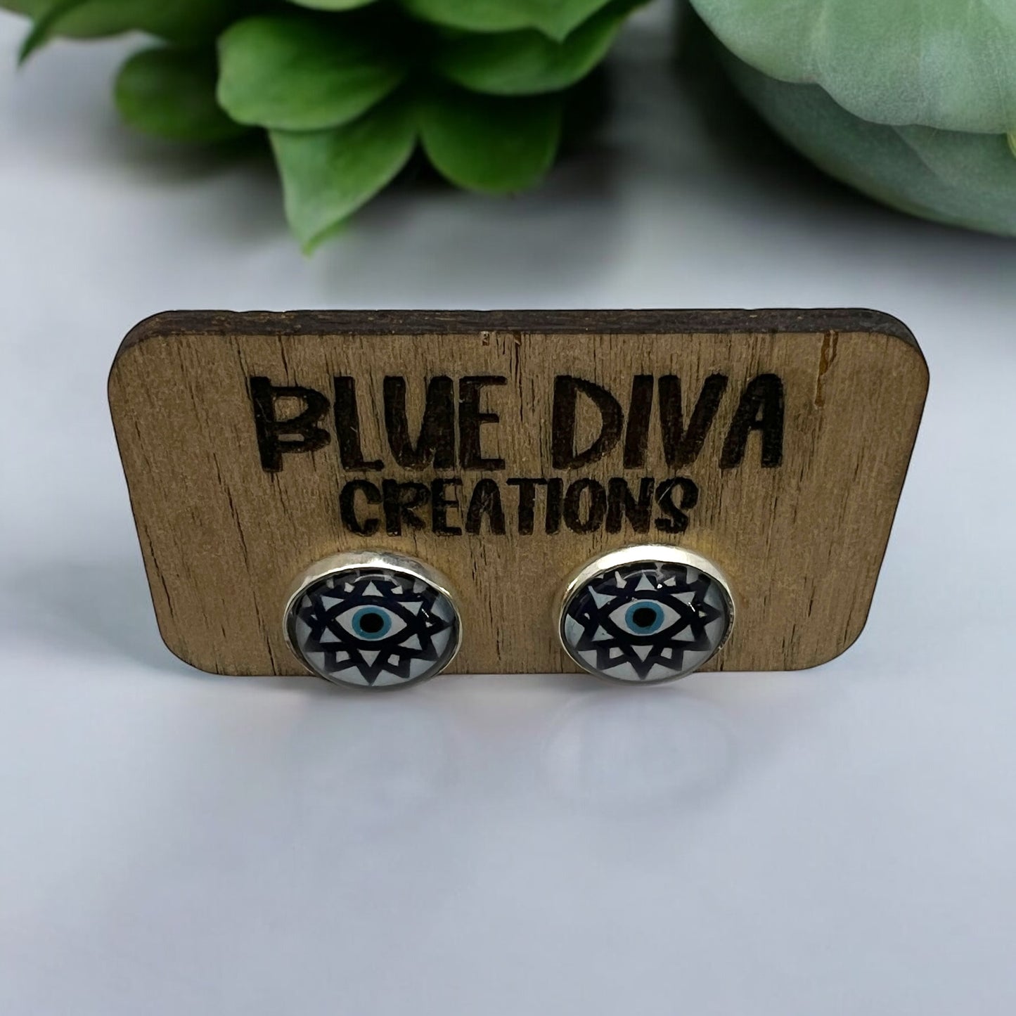 12mm Blue Evil Eye Geometric Stud Earrings