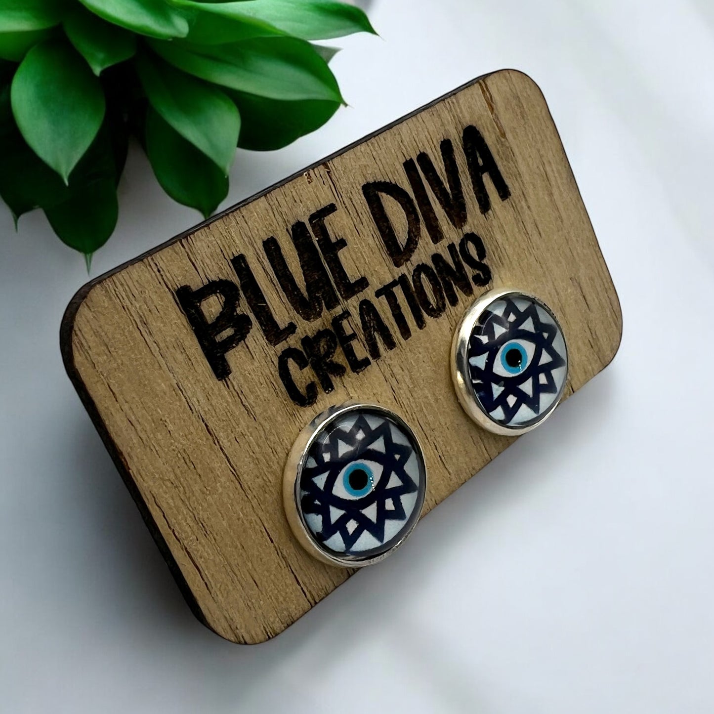12mm Geometric Evil Eye Stud Earrings - Glass Dome Protection Jewelry - Nickel Free Earrings - Boho Spiritual Gift - Minimalist Eye Studs