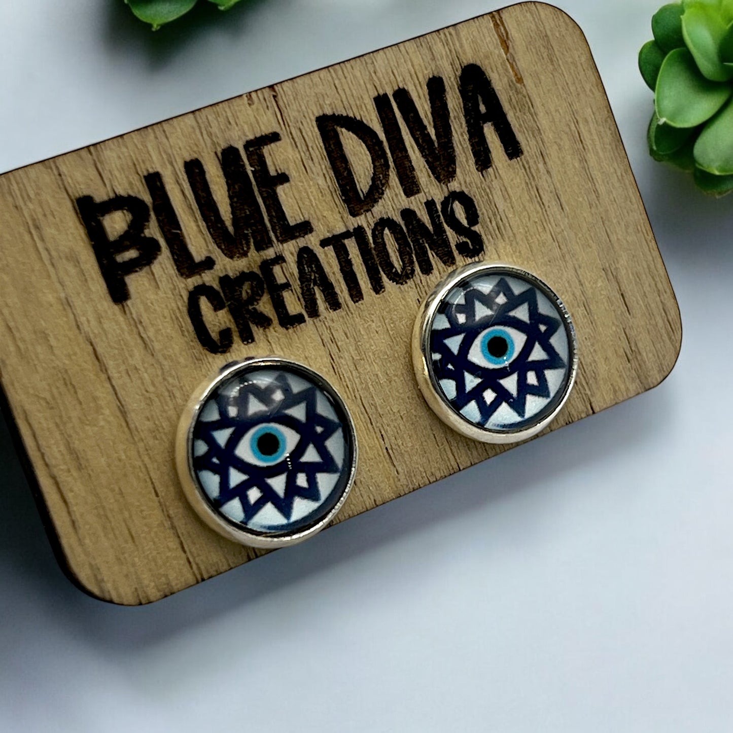 12mm Blue Evil Eye Geometric Stud Earrings